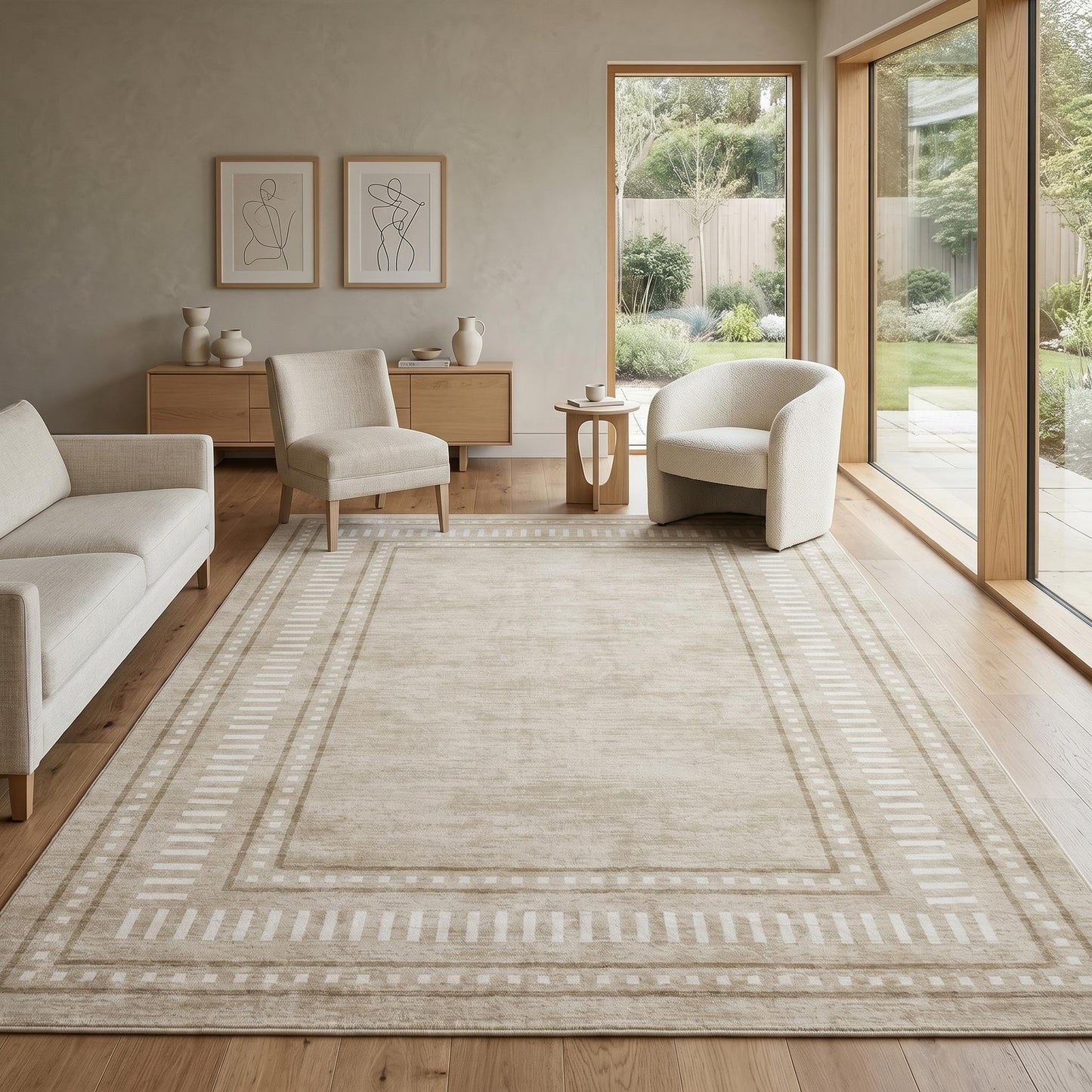 MilleLoom Bordered Area Rug 5x7 Washable Rugs for Living Room Non Slip Soft Rugs Indoor Geometric Floor Cover Non-Shedding Stain-Resistant Carpet for Bedroom Dining Room Office Nursery Dorm Beige