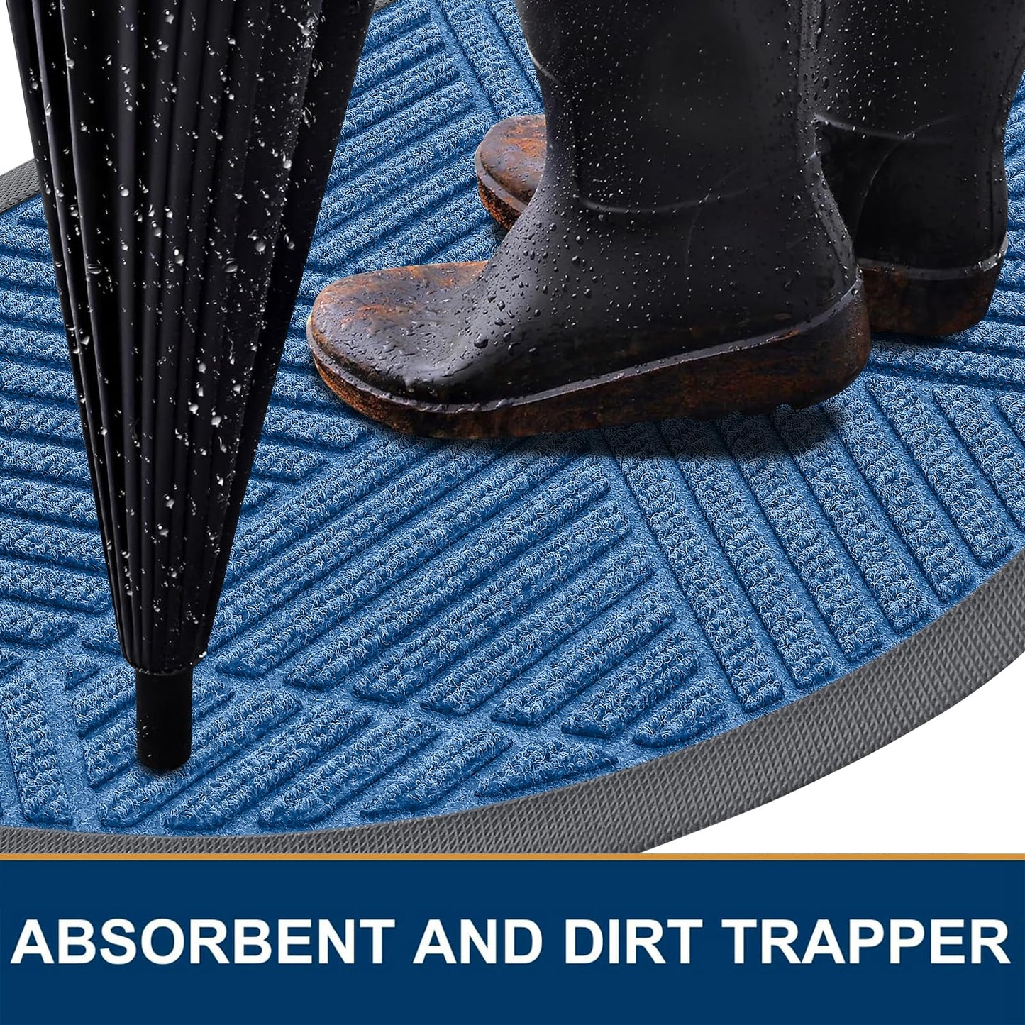 Smiry Half Circle Front Door Mat Outside Entrance, Heavy Duty Sturdy Natural Rubber Doormat, Trap Dirt and Moisture, Low Profile Mats for Indoor Outdoor Entry, Irregular Triangle (29.5x17, Blue)