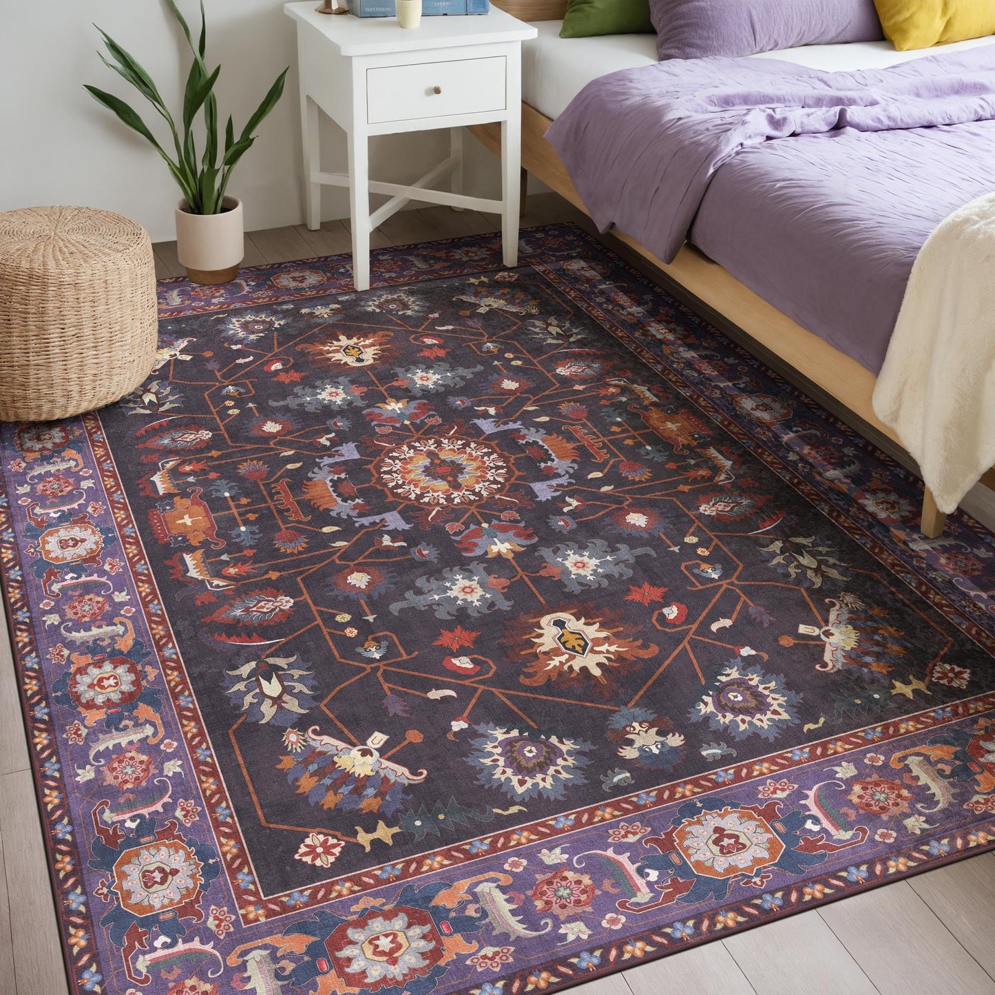 Kokia Living Room Area Rug 5x7 Soft Washable Non Slip Low Pile Purple Oriental Medallion Stain Resistant Rugs for Bedroom, Dining Room, Kitchen, Indoor Leisure Rooms, Nova Violet Plum Pumpkin