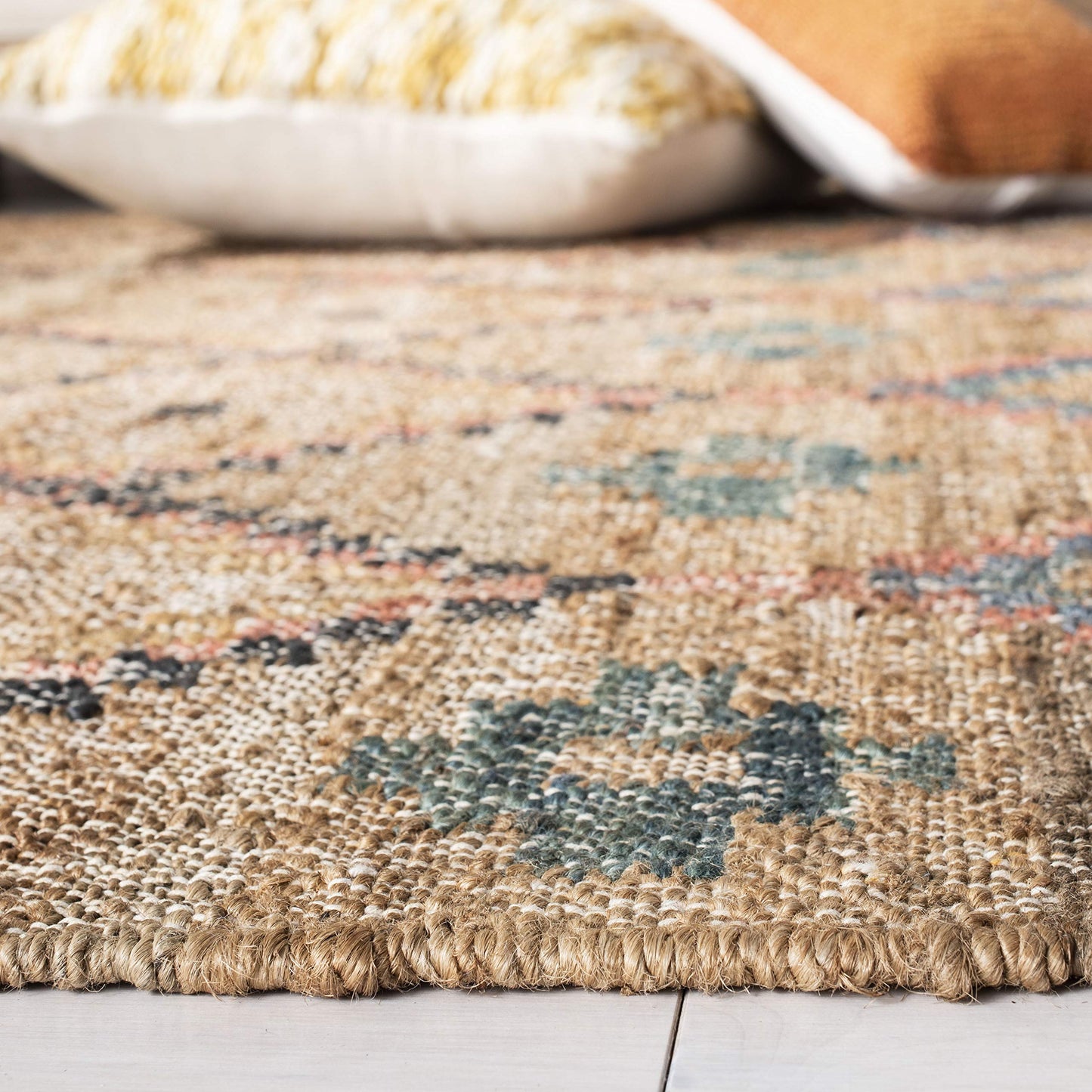 SAFAVIEH Area Rug 8x10 - Kilim Collection - Large - Natural & Blue, Handmade Jute & Cotton, Moroccan Boho Design, Ideal for Living Room, Bedroom, Office, Dining Space (KLM753A)
