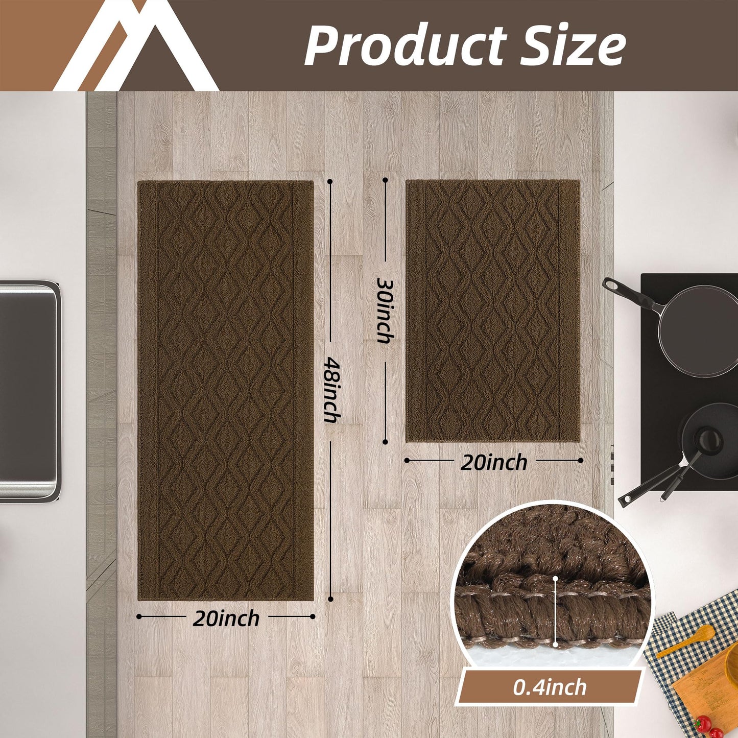 COSY HOMEER 48x20 Inch/30X20 Inch Kitchen Rug Mats Made of 100% Polypropylene 2 Pieces Soft Kitchen Mat Specialized in Anti Slippery and Machine Washable,Brown