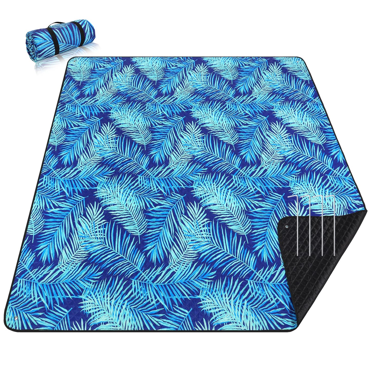 PY SUPER MODE Picnic Blankets Extra Large, Waterproof Foldable Outdoor Beach Blanket Oversized 83x79” Sandproof, 3-Layer Picnic Mat for Camping, Hiking, Travel, Park, Concerts(Blue Leaves)