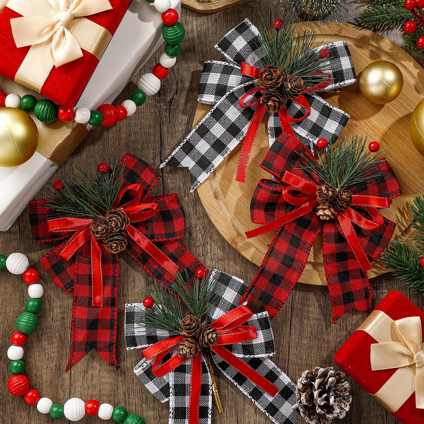 Syhood 6 Pcs Christmas Bows with Pine Cones Pine Needles Xmas Buffalo Plaid Bows Black White Plaid Ribbon Christmas Tree Wreath Decoration for Xmas Parties Indoor Outdoor Crafts DIY Decor