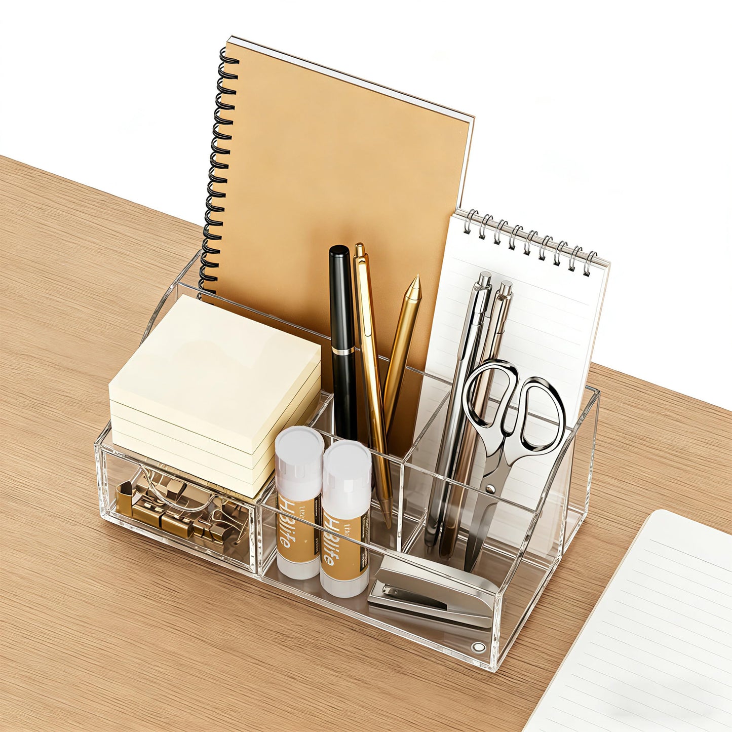 HBlife Acrylic Desk Organizer with 6 Compartments, Pen & Pencil Holder, Clear Multifunctional Desktop Caddy for Office Supply and Organization