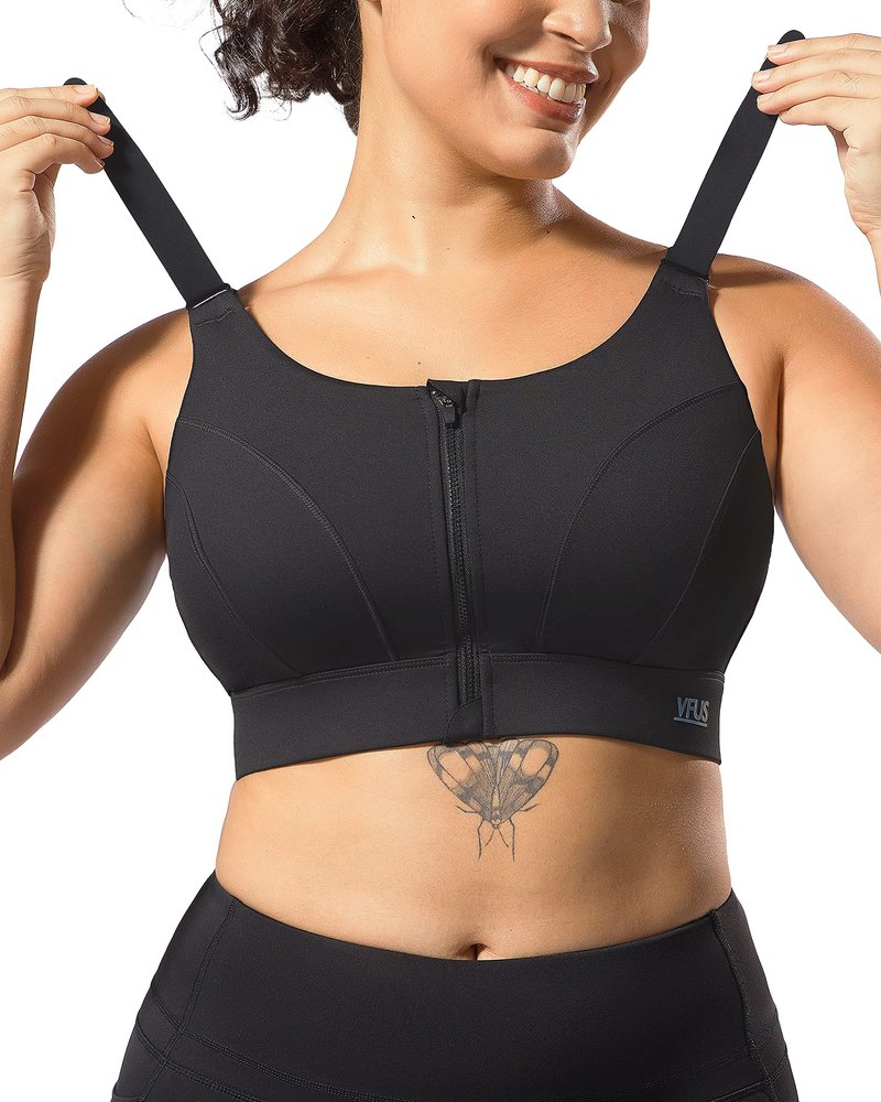 VFUS Adjustable High Impact Sports Bras for Women Zip Front Full Coverage and Lift Padded Compression Tops (XX-Large, Black)