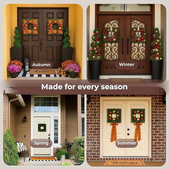 Pure Garden Boxwood Wreath - 16.5-Inch Square UV Resistant Artificial Spring, Summer, Fall or Winter Wreath - Outdoor/Indoor Wreaths for Front Door