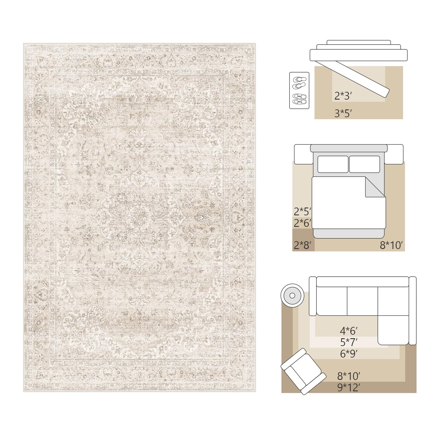 FMFUNCTEX 2x6 Hallway Runner Rug Beige Vintage Neutral Washable Distressed Non Slip Low Pile Indoor Carpet Soft Retro Entryway Rug for Kitchen Bathroom Laundry Entrance Living Room Bedroom Bedside