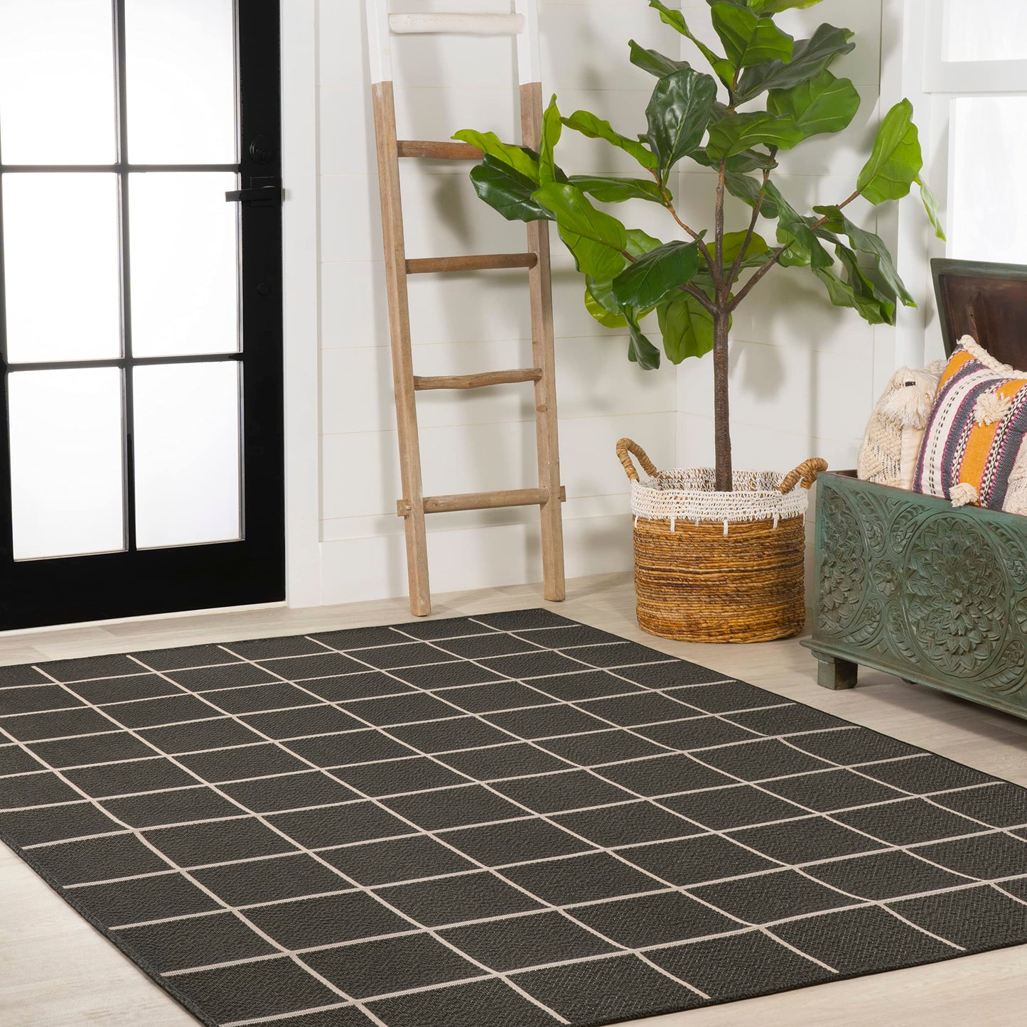 JONATHAN Y Grid Squares Indoor Outdoor Area Rug 3X5 Black/Cream, Modern for Backyard, Patio, Porch, Easy-Cleaning, High Traffic, Pet-Friendly, Non-Shedding (SMB200B-3)