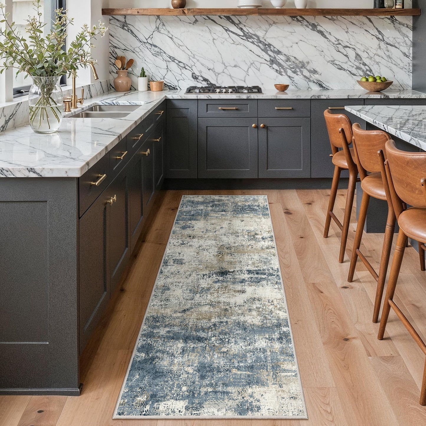 GENIMO Runner Rug Non Slip 2'6"x8', Washable Rug Runner for Hallways Kitchen, Abstract Modern Kitchen Rugs, Low Pile Lightweight Carpet Runners for Entryway, Bedroom, Laundry, Navy Blue