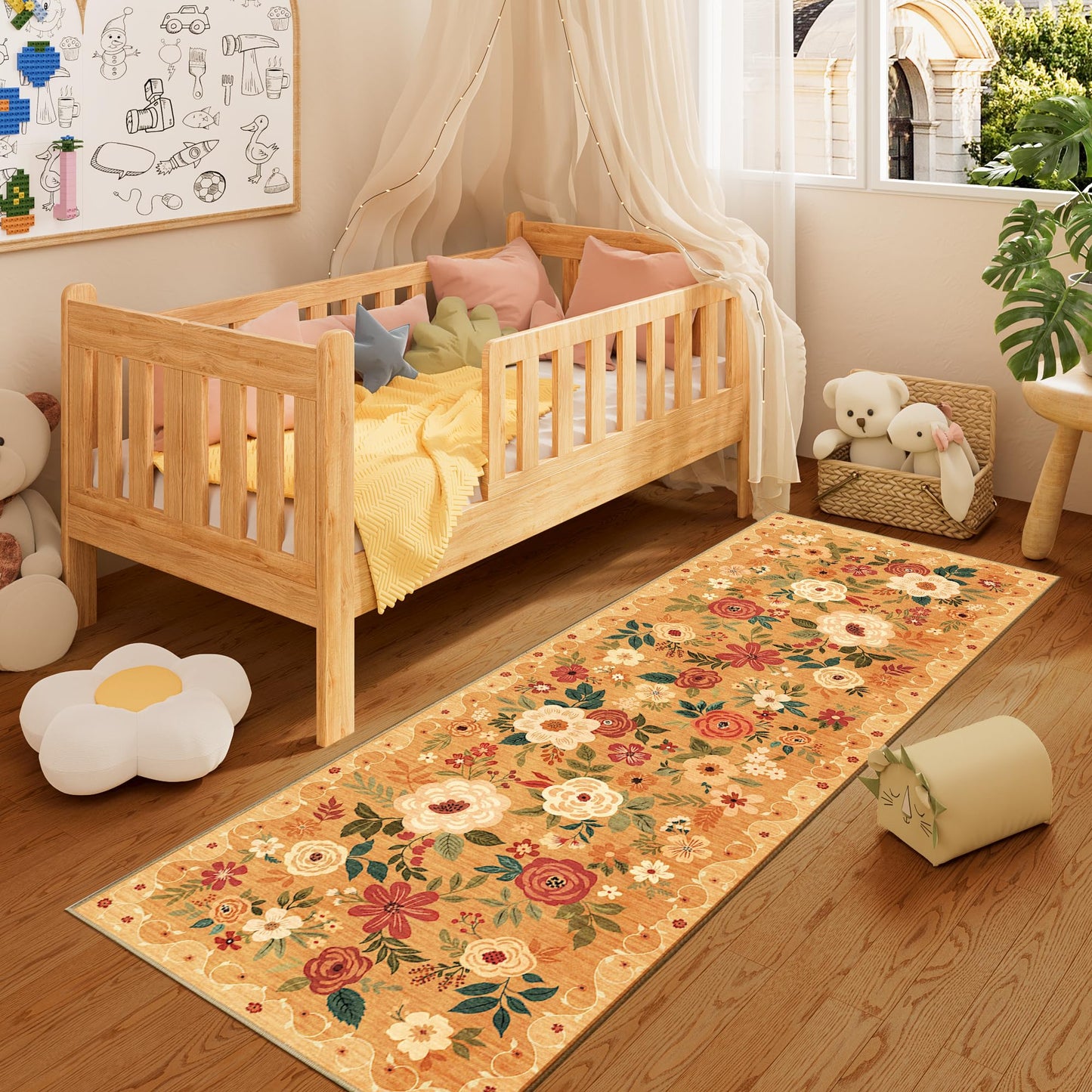 DUKINO 2x6 Runner Rug for Hallway, Washable Kitchen Runner Rug with Non Slip Backing, Low Pile Soft Boho Floral Runner for Kitchen, Hallway, Entryway, Laundry, Bedroom, Orange