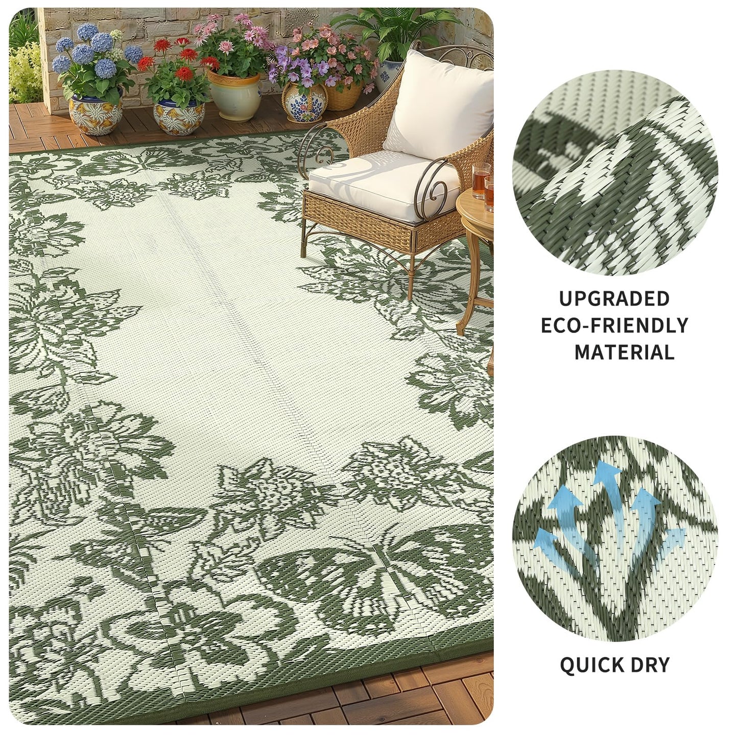 GarveeHome Outdoor Rug 9x18 Patio Waterproof, Reversible Plastic Straw Rugs for Camping, Picnic, Balcony, Porch, RV, Easy-Clean & Quick Dry Floral Pattern Large Indoor Outdoor Carpet, Green