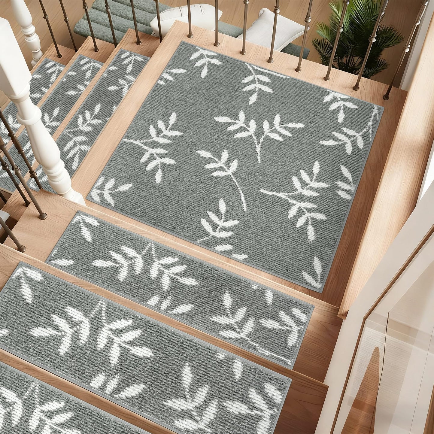 TANVILL Carpet Stair Treads, Non-Slip Landing Mat for Wooden Steps Indoor, 30"x 30" Peel and Stick Soft Stair Rugs for Pets Non Skid Wood Staircase Step Treads Reusable, Grey