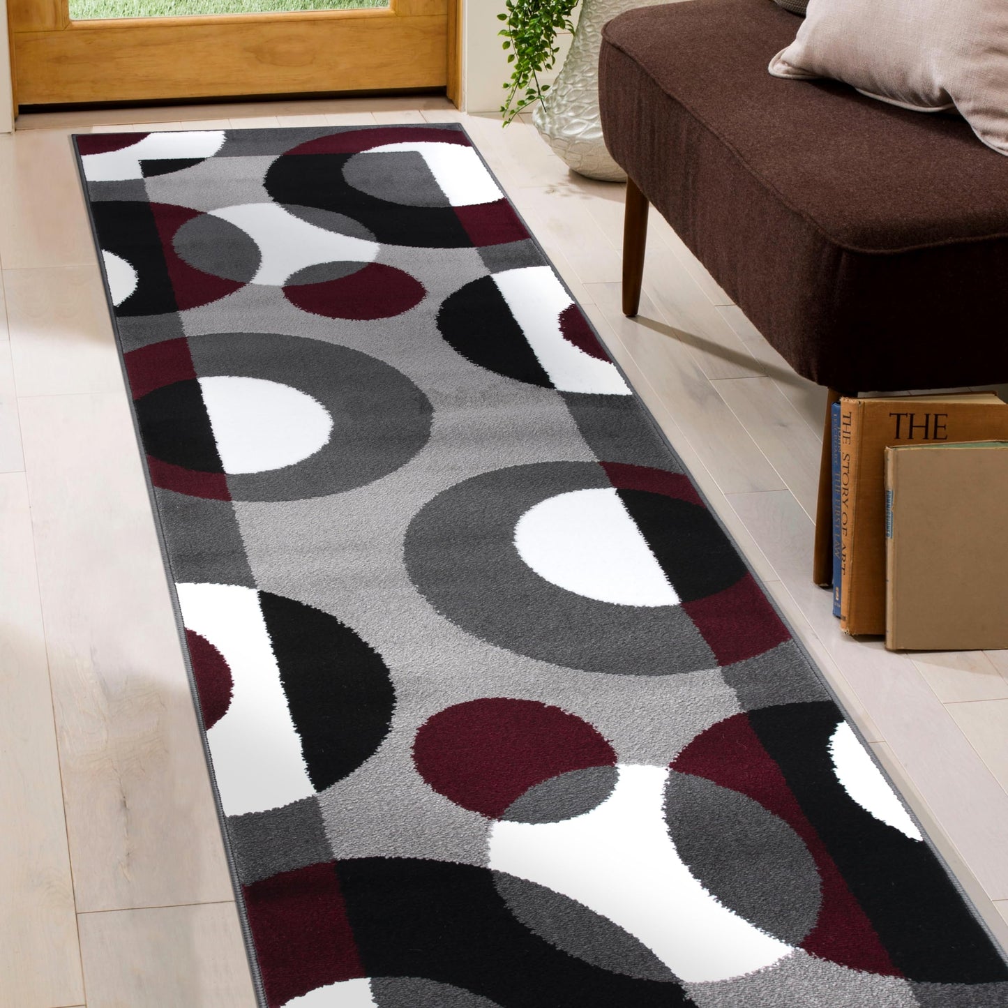 Rugshop Burgundy Hallway Runner Rug, Modern Circles, Non-Shedding, Durable for Hallway, Entryway and Kitchen, 2' x 10'