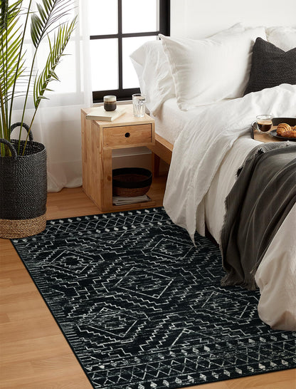 Wonnitar Moroccan 3x5 Rug, Black Washable Small Rug for Bedroom, Non-Slip Geometric Tribal Entry Throw Mat, Boho Farmhouse Rustic Soft Low Pile Area Rug for Bathroom Dining Guest Room (Black,3'x5')