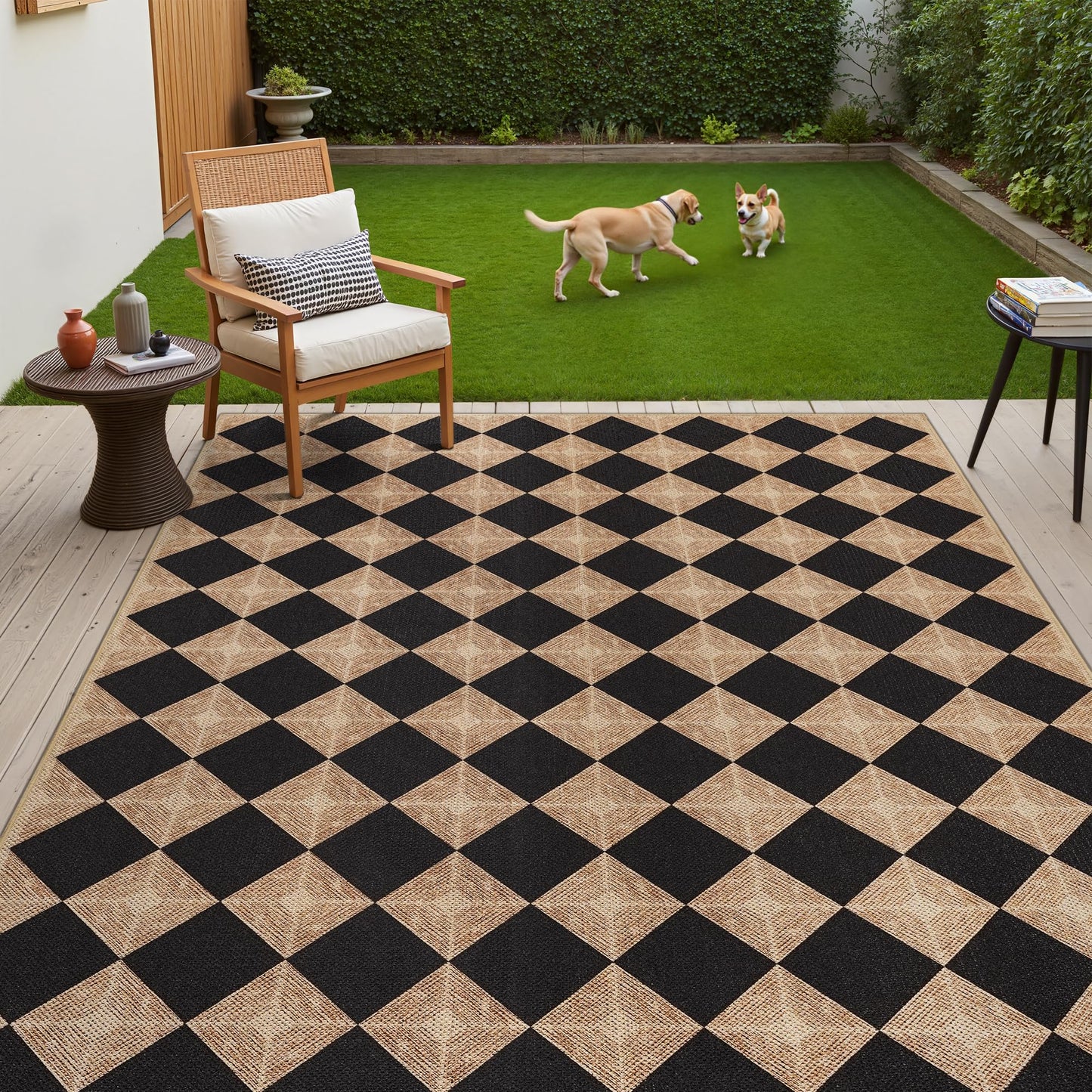 Dadasgk 5x7 Checkered Easy Jute Rug – Washable Non-Slip Indoor Outdoor Carpet, Black Textured Diamond Pattern, Neutral Area Rug for Living Room, Bedroom, Dining Room, Patio, Farmhouse Style