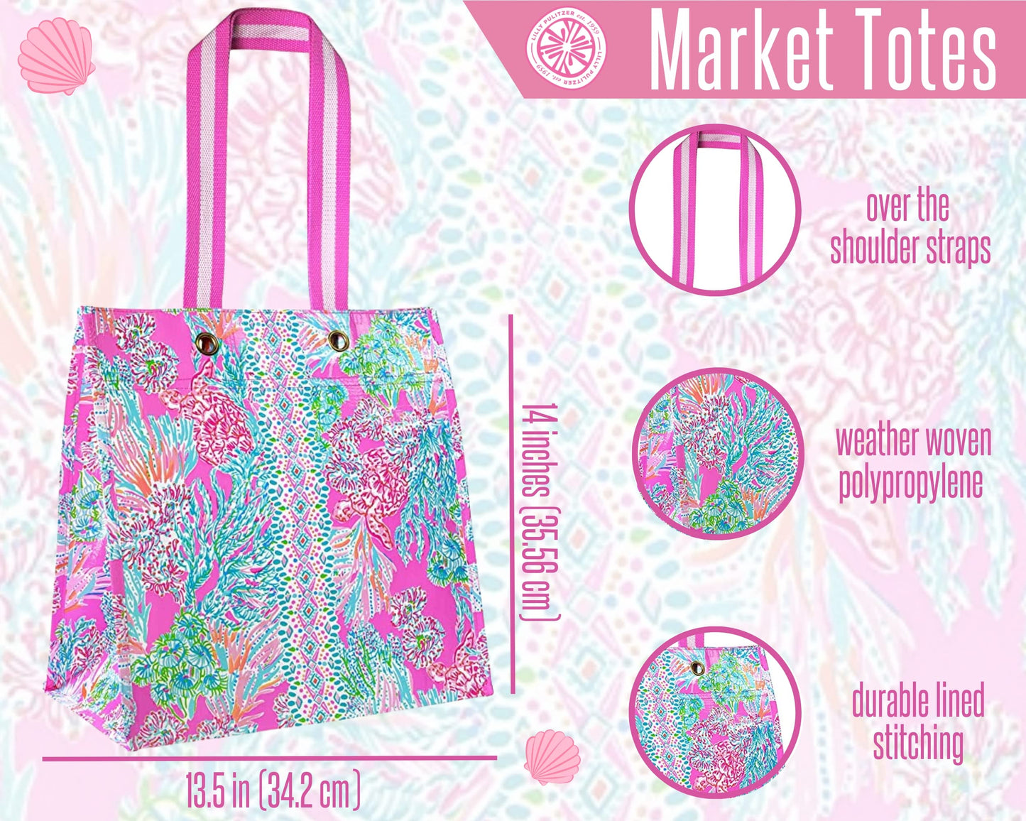 Lilly Pulitzer Pink Market Shopper Bag, Reusable Grocery Tote, Shoulder Bag for Produce or Travel, Seaing Things (Pack of 2)