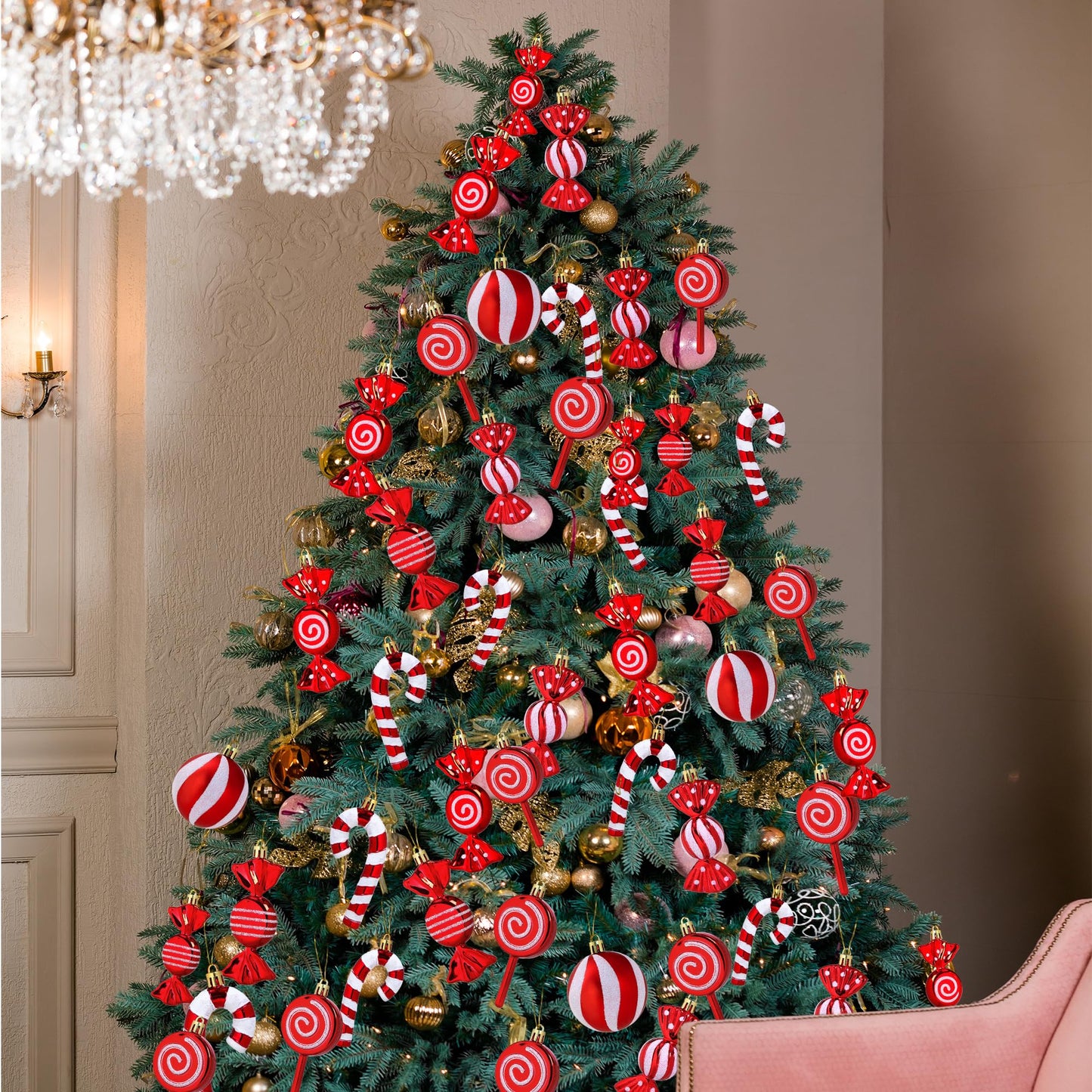 Christmas Candy Cane Lollipop Ornaments for Christmas Tree 30Pcs Xmas Plastic Peppermint Christmas Tree Hanging Ball Pendants for Xmas Party Indoor New Year Holiday Home Decorations (Red)