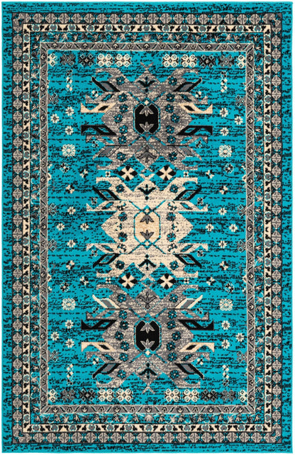 Unique Loom Taftan Collection Border Geometric Tribal Inspired Design Area Rug (5' 0 x 8' 0 Rectangular, Turquoise/ Gray)