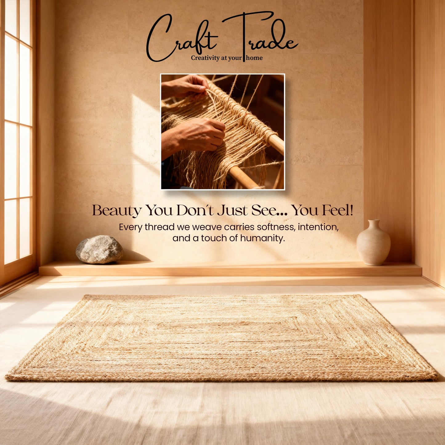 Craft Trade Hand Woven Small Jute Braided Door Mat 2x3 ft - Natural, Boho Reversible Floor Carpet for Living Room, Farmhouse Accent Rugs for Kitchen, Nursery, Kids Room, Bedroom, Patio - 24X36 Inch