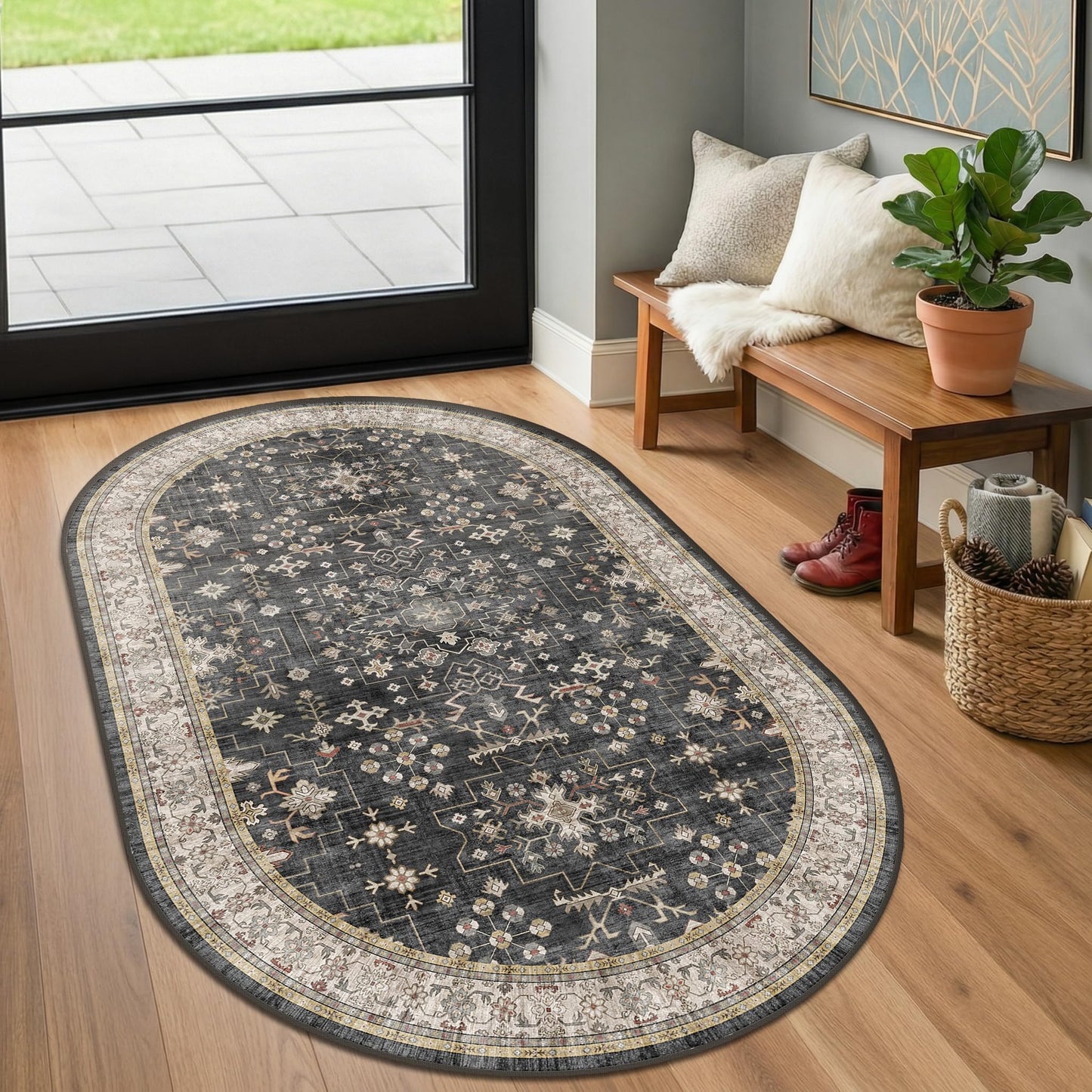 Washable Small Oval Rug 3x5 for Entryway, Black Boho Oval Area Rug for Kitchen, Bedroom Bedside, Mudroom, Modern Moody Low Pile Carpet for Bathroom, Laundry Room, Throw Rug Indoor Non-Slip