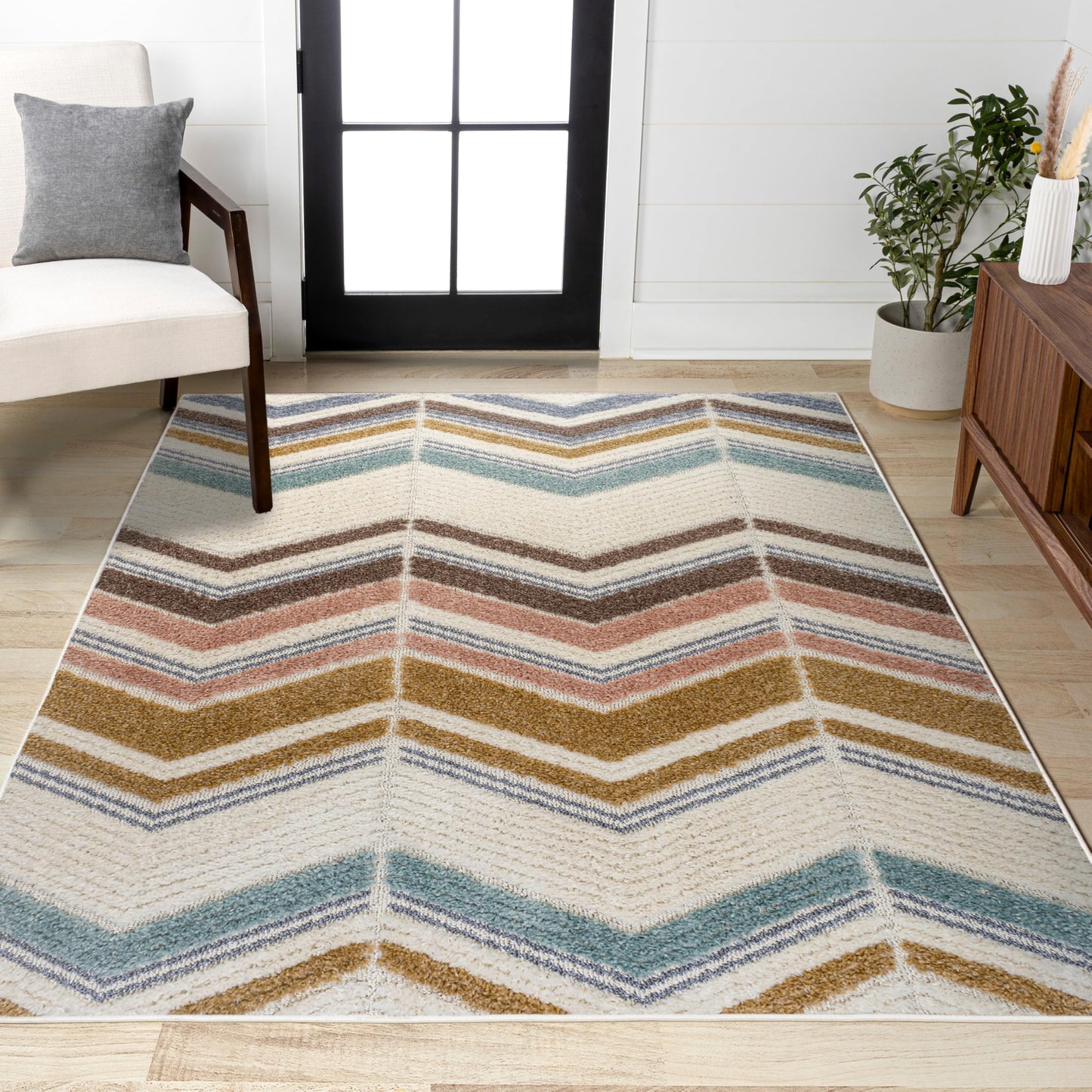 JONATHAN Y Chevron High-Low Multi/Cream Indoor Area Rug 3X5 ft, Elin for Living Room, Bedroom, Kitchen, Office, Easy-Cleaning, High Traffic, Pet-Friendly, Non-Shedding SNT101A-3