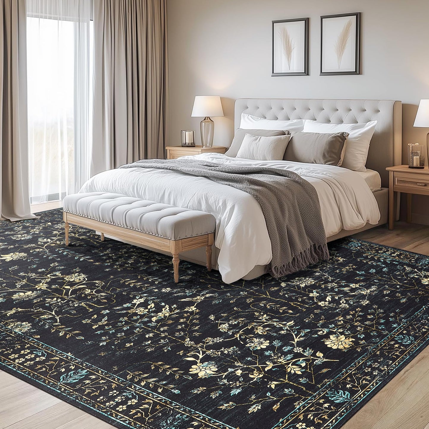 Garvee 9x12 Area Rug for Living Room, Vintage Retro Boho Rug, Washable Non Slip & Low Pile Carpet for Living Room, Bedroom, Dining Room, Black