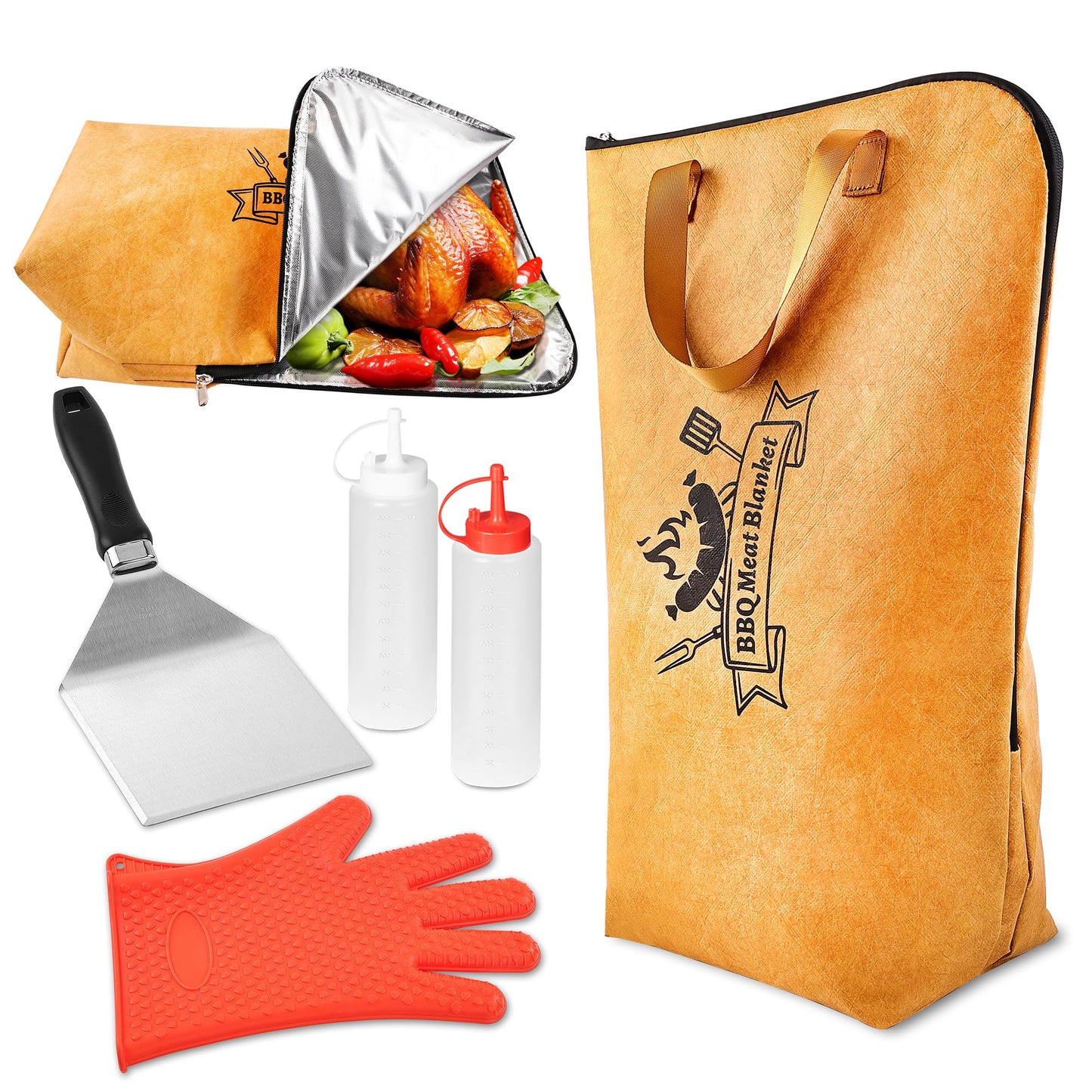 ROMANTICIST 5-in-1 Grill Accessories Set with Insulated Meat Resting Blanket & Heavy Duty Spatula – BBQ Tools Kit, 5-Layer Heat Retention, Leak-Proof for Brisket Turkey Pork Shoulder Outdoor Barbecue