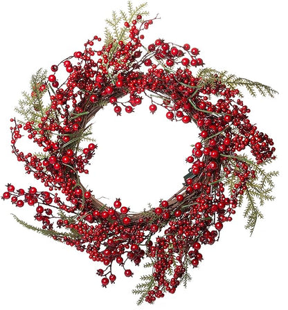 Red Co. 22” Light-Up Christmas Wreath with Red Cranberries, Battery-Operated LED Lights with Timer