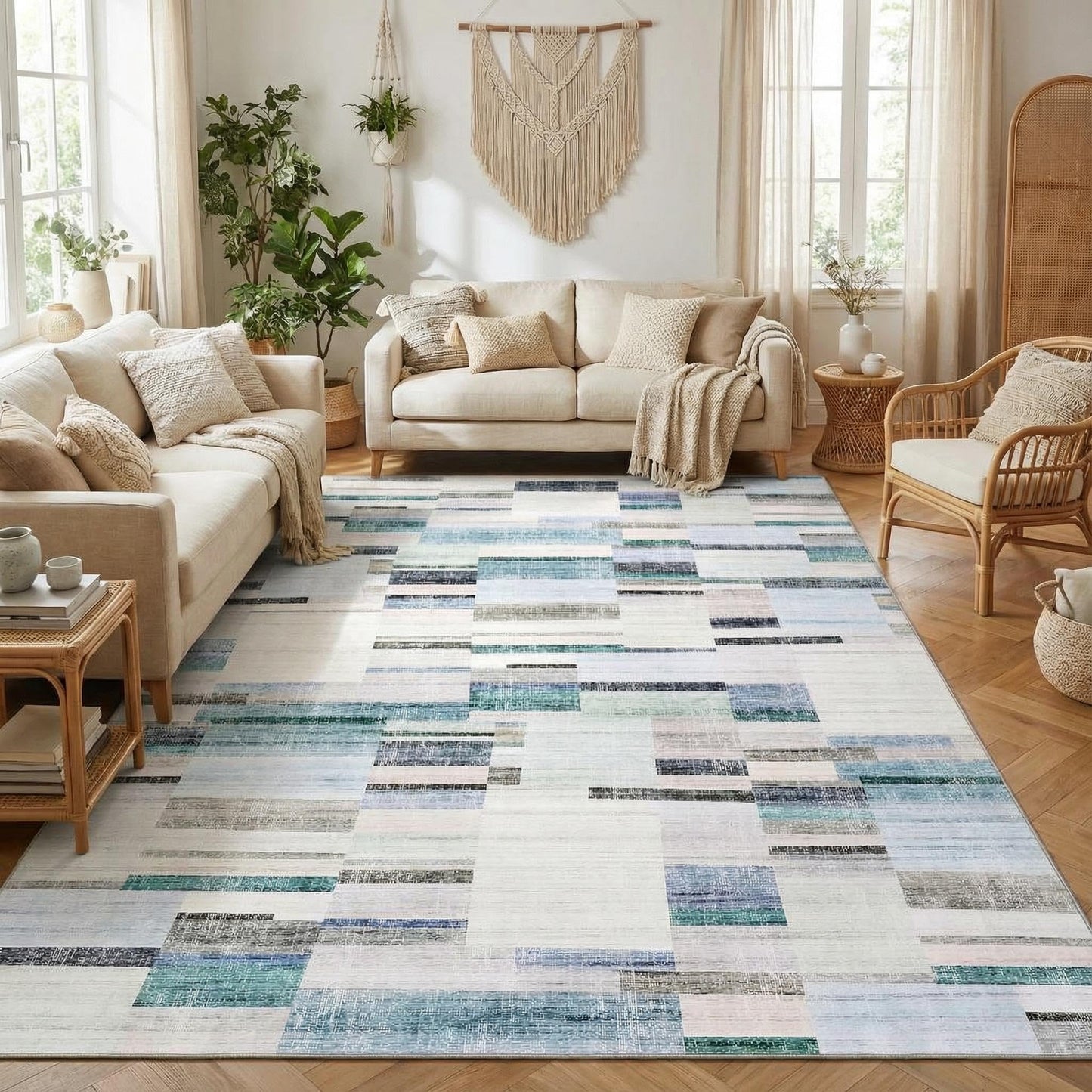 Garvee Washable 8x10 Rugs for Living Room Non Slip Throw Rugs Large Bedroom Rug Modern Geometric Low Pile Non Shedding Stain Resistant Carpet for Dining Room Office Classroom, 8'x10' Blue