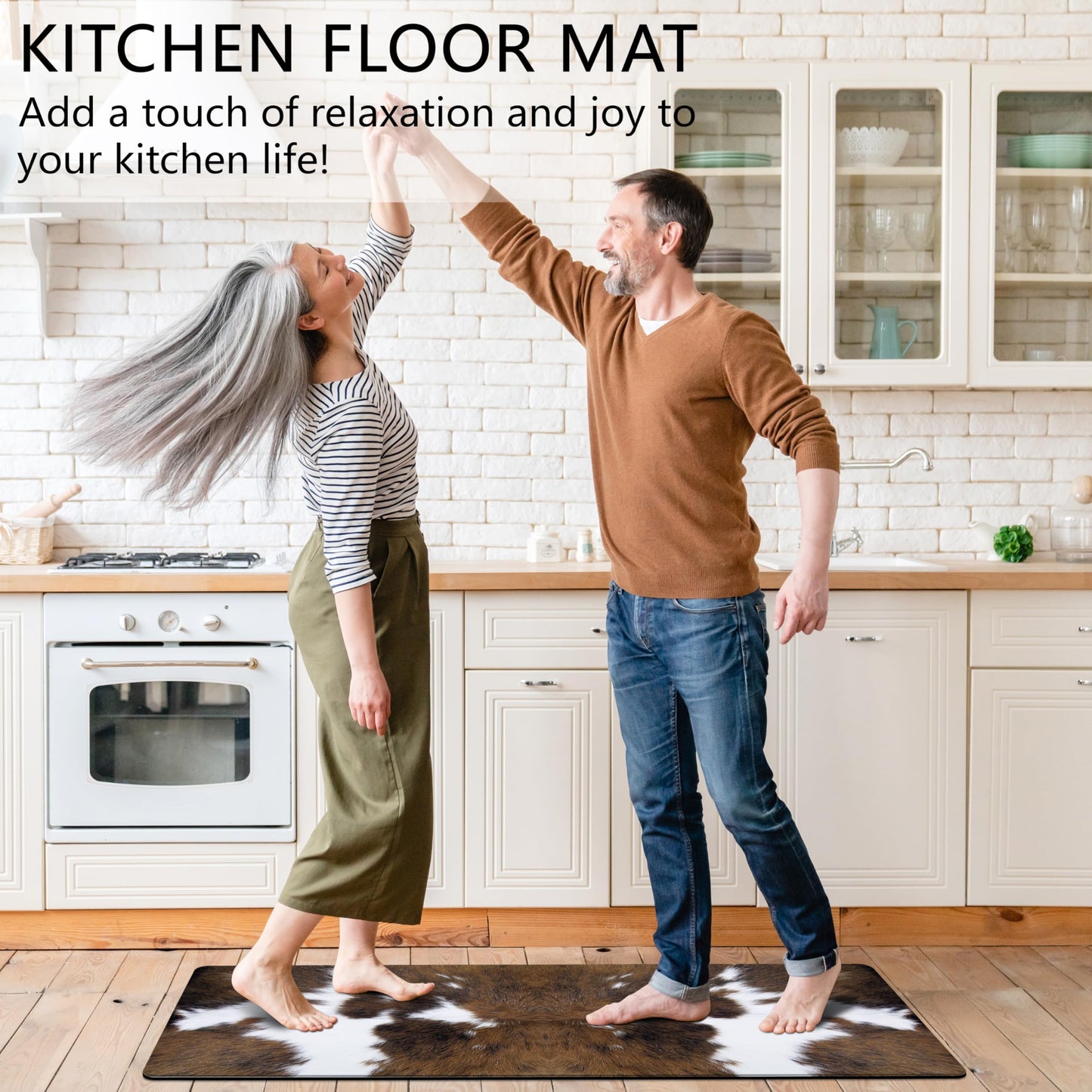 Western Cowhide Kitchen Rugs Set of 2 Black Brown Cow Print Rugs Anti Fatigue Mats for Floor Non Skid Waterproof Comfort Standing Runner Mat for Sink Laundry Office (Brown, 17.5"x29.5"+17.5"x47")