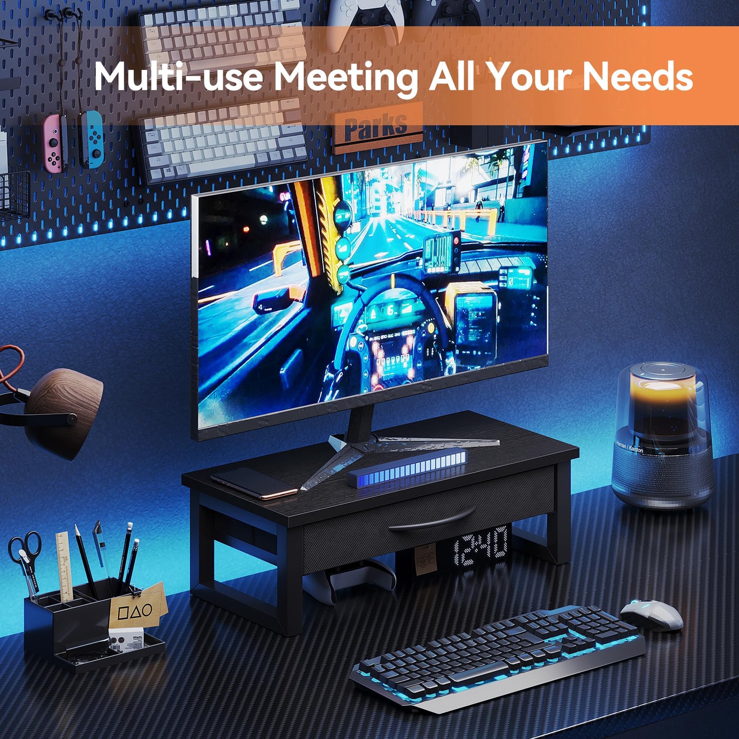 HEWORLIF Computer Monitor Stand Riser, Desk Organizers and Accessories with Drawer, 2-Tier Laptop Stand for Desk, Office Organizer Storage, Wood
