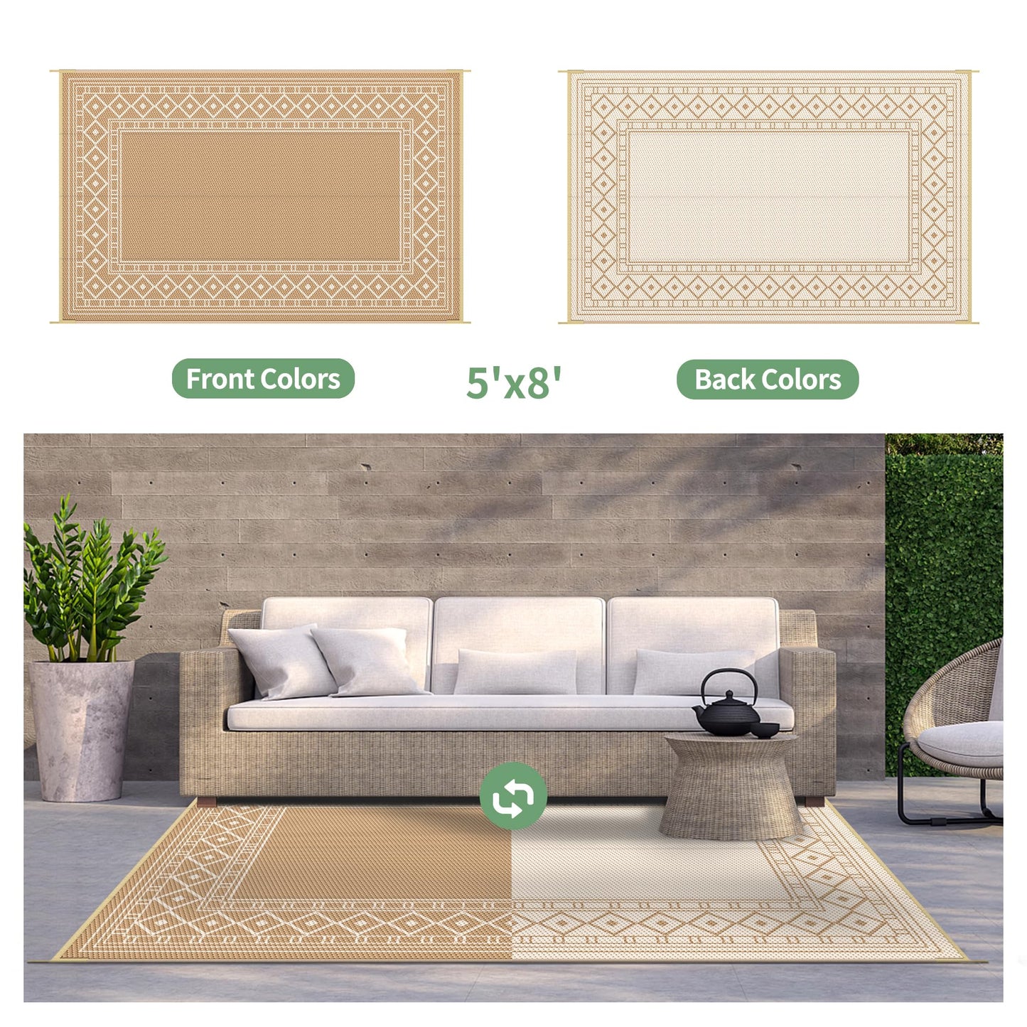 GENIMO Outdoor Rug 5'x8' Waterproof for Patio Decor, Reversible Outdoor Plastic Straw Rug Carpet, Camping Mats for Outdoor, RV, Backyard, Deck, Balcony, Picnic, Brown & Beige