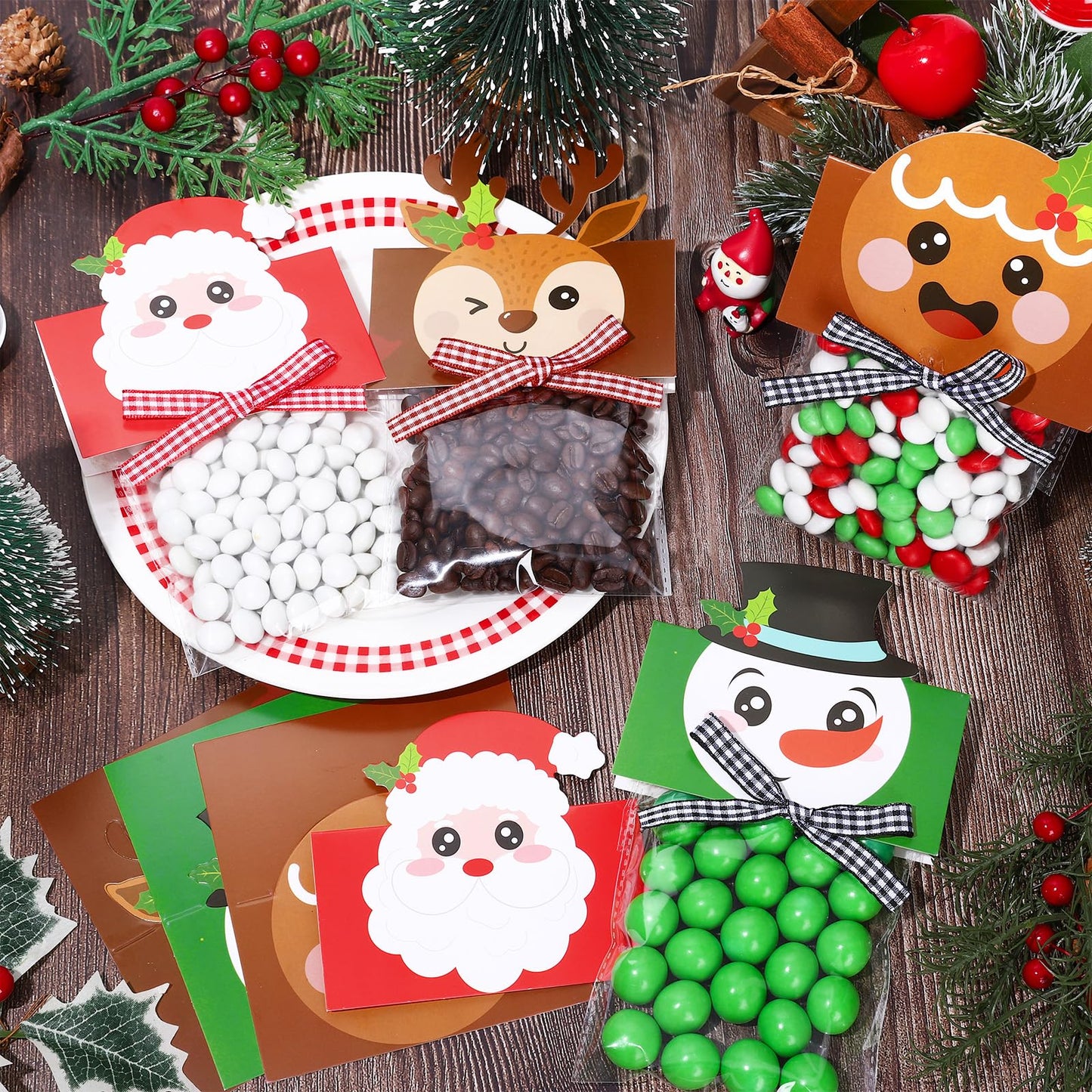 Whaline 180 Pcs Christmas Self-Adhesive Goody Bag with Topper Bow Snowman Santa Elk Gingerbread Candy Cello Bag Plastic Xmas Favor Treat Bag for Winter Party Wrapping