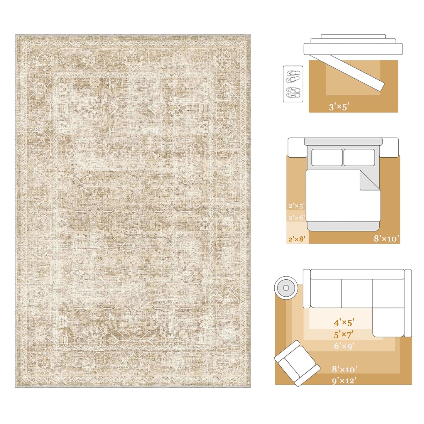 Beauoop 2x6 Hallway Runner Rug Beige Washable Vintage Distressed Neutral Retro Carpet Non Slip Soft Cream Low Pile Indoor Rug for Entryway Kitchen Bedroom Bathroom Laundry Bedside Entrance Living Room