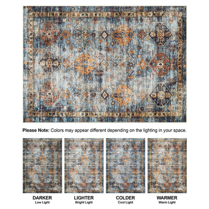 Bloom Rugs Washable Non-Slip 5' x 7' Rug - Blue/Orange Traditional Bordered Area Rug for Living Room, Bedroom, Dining Room, and Kitchen - Exact Size: 5' x 7'