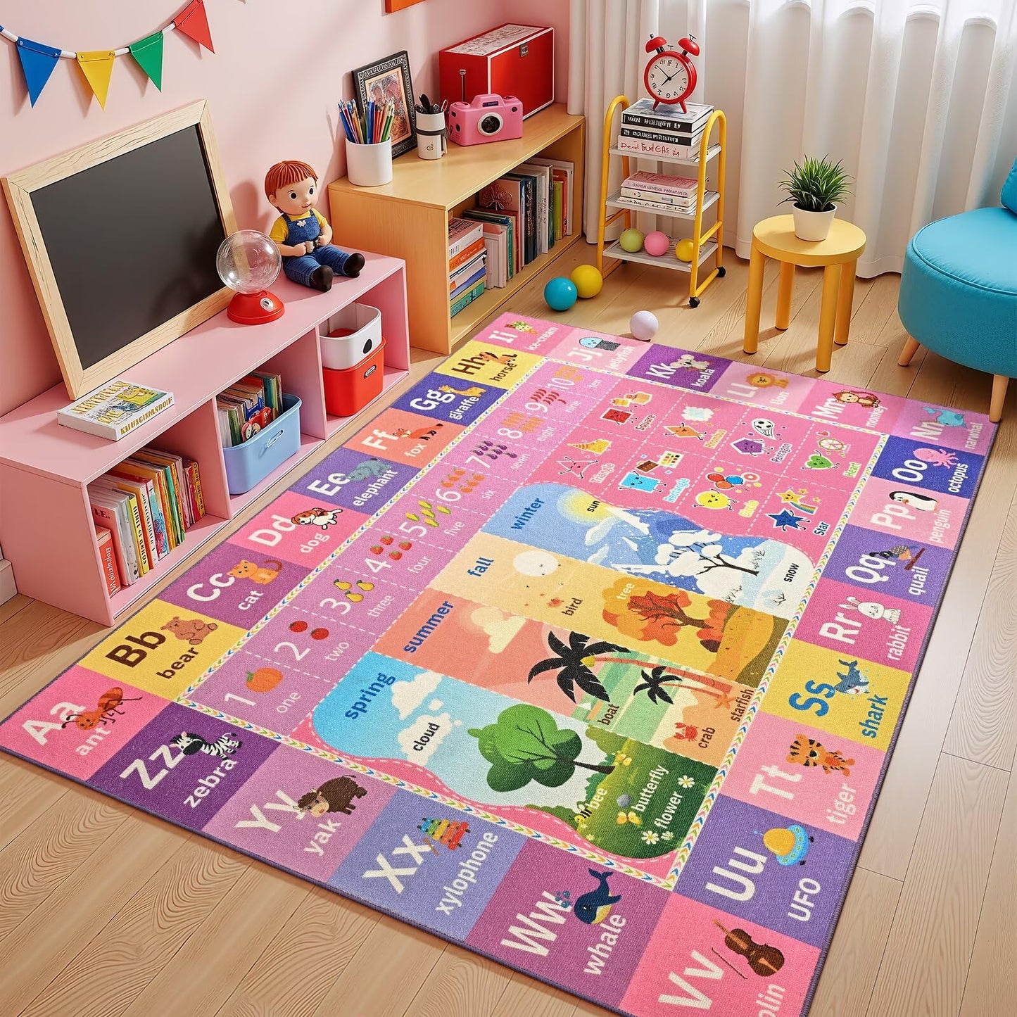 Macgace ABC Kids Rug for Playroom, 3x5 Pink Purple Washable Classroom Area Rugs, Toddler Educational Play Mat with Alphabet Numbers Seasons Shapes, Learning Fun for Preschool Children