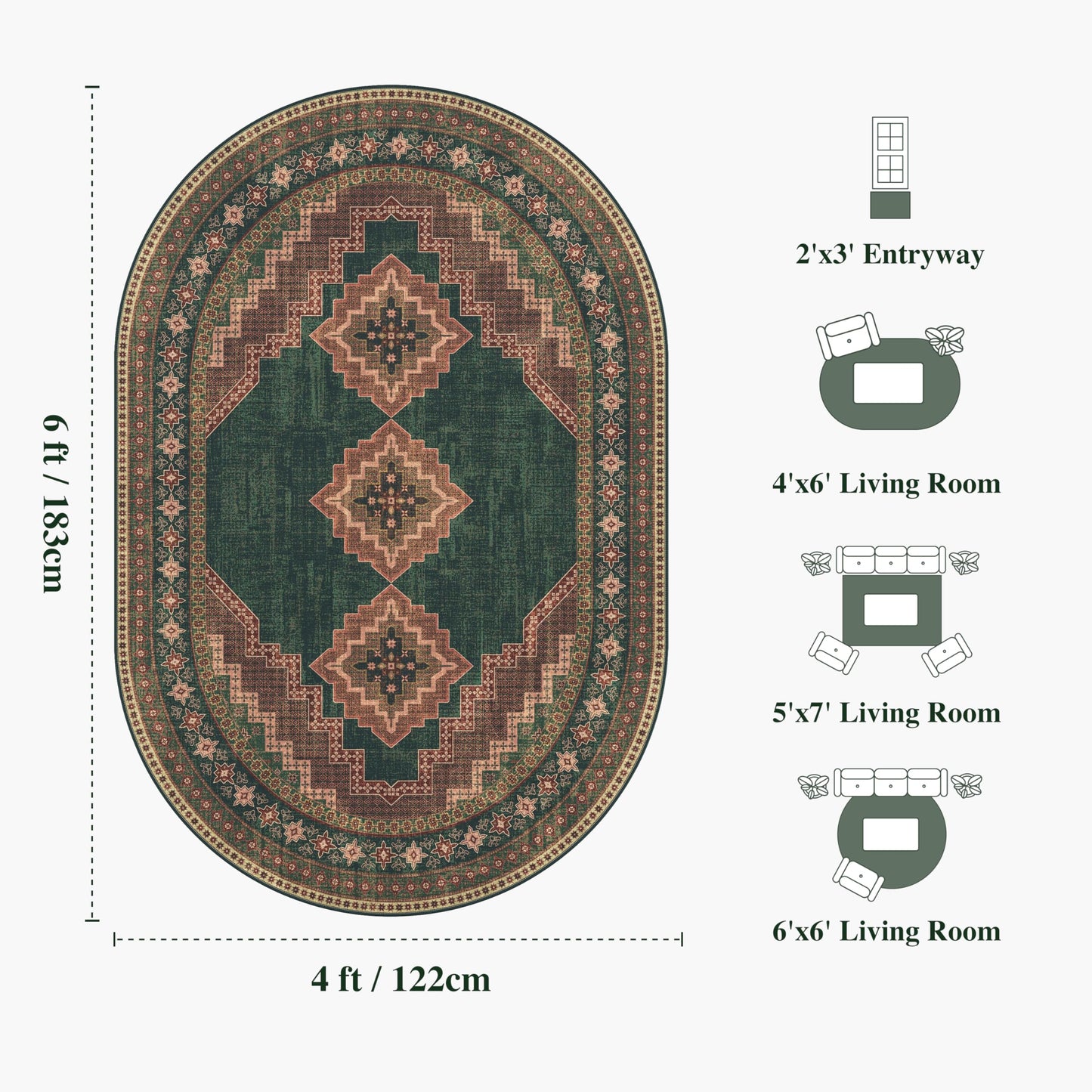 Clemile 4x6 Oval Rug - Washable Ultra-Thin Living Room Rug Vintage Non-Slip Carpets - Soft & Stain Resistant Rug for Kitchen Bedroom Dining Room Living Room Dark Brown