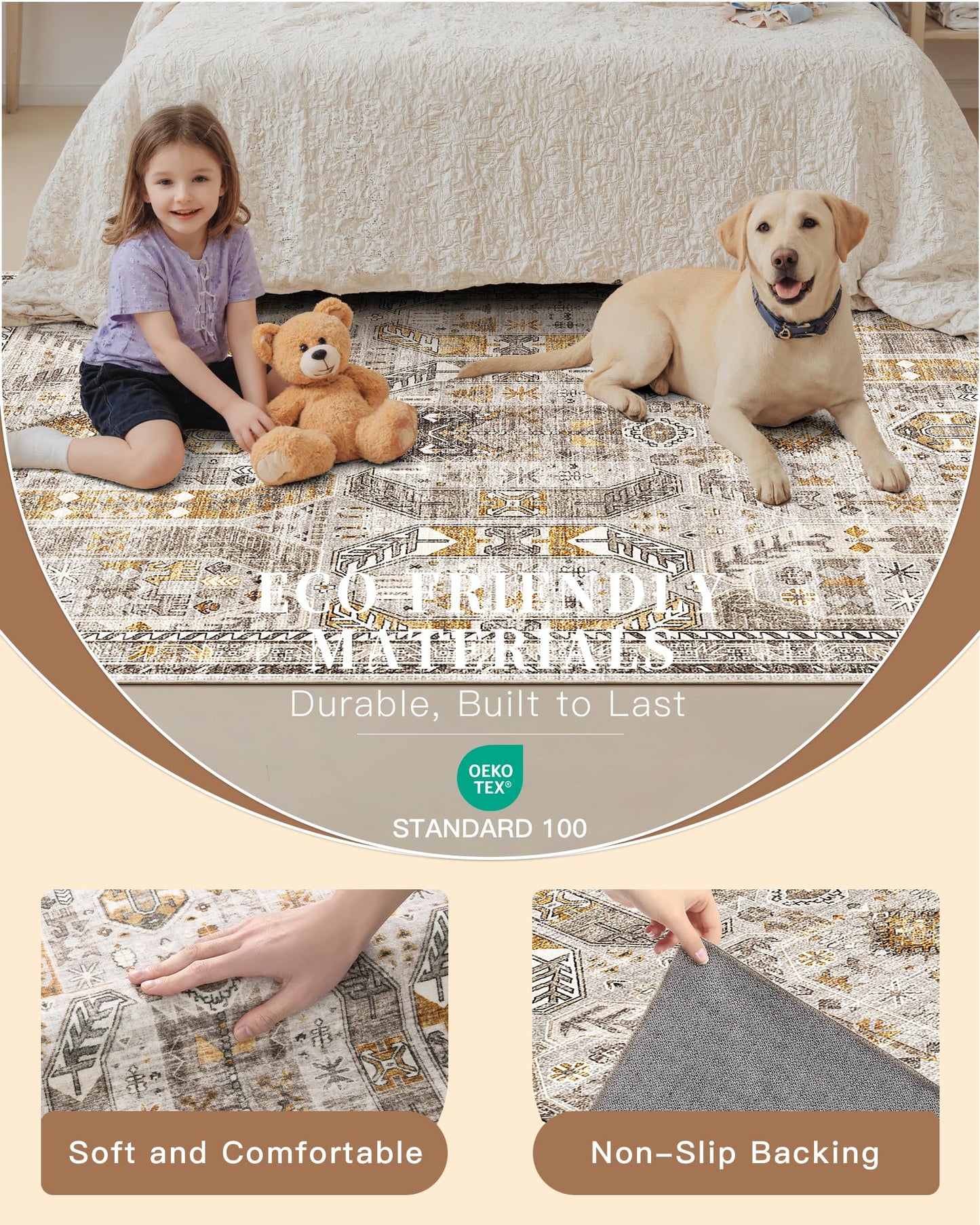 Madane Washable Runner Rug - 2x6 Rug Runners for Hallways 6 Feet Non Slip Vintage Kitchen Runner Rug Ultra-Thin Bathroom Runner Rugs Carpet Laundry Room Bedroom (2x6ft, Brown/Gold)