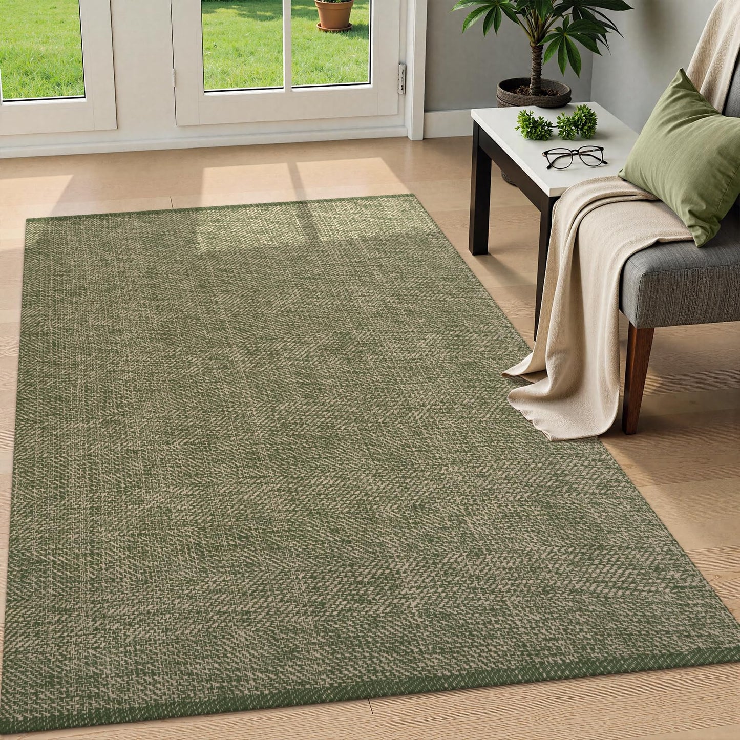 LEEVAN Washable Area Rug 4x6, Hand-Woven Cotton Living Room Rug, Green/Natural Braided Bedroom Rug, Farmhouse Indoor/Outdoor Floor Carpet for Patio, Nursery, Office, Playroom, Dining Room