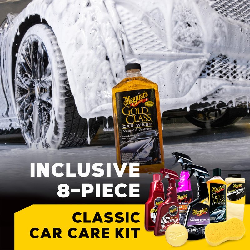 Meguiar's Classic Wash & Wax Car Detailing Kit, Cleaning Kit with Car Wash Soap and Wax, Includes Detail Spray, Interior Cleaner, Tire Cleaner, and More