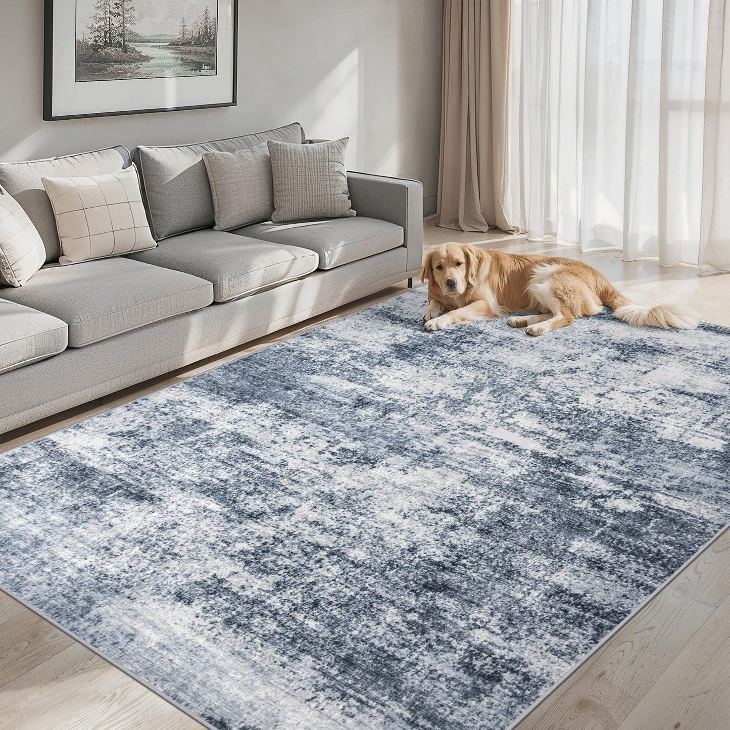 8x10 Area Rugs for Living Room - Washable Rug Modern Abstract Soft Large Neutral Non-Slip Carpet Indoor Floor Thin Carpets for Bedroom Dining Room Farmhouse Nursery Home Office Grey Blue