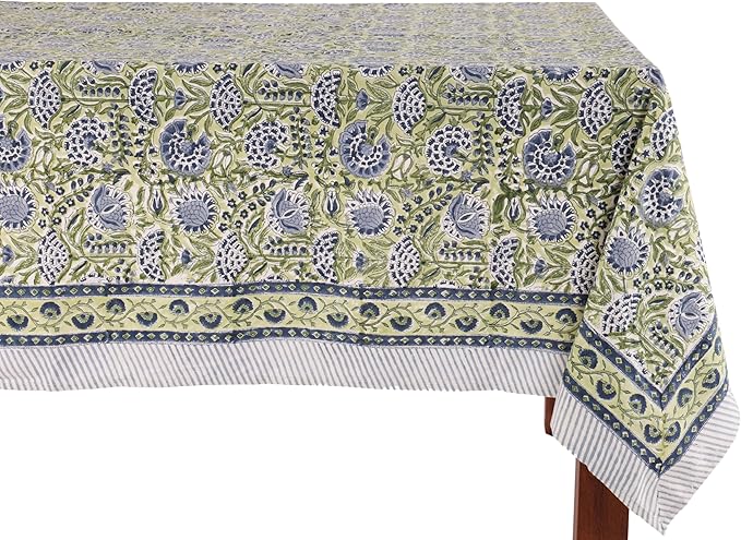 ATOSII Amara Green 100% Cotton Rectangle Fall Tablecloth, Handblock Floral Print Linen Table Cloth for Kitchen Dining I Parties, Weddings, Outdoors, Easter I Home Decor 60 X 90 Inches I 6 Seater
