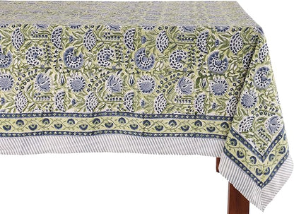 ATOSII Amara Green 100% Cotton Rectangle Fall Tablecloth, Handblock Floral Print Linen Table Cloth for Kitchen Dining I Parties, Weddings, Outdoors, Easter I Home Decor 60 X 90 Inches I 6 Seater