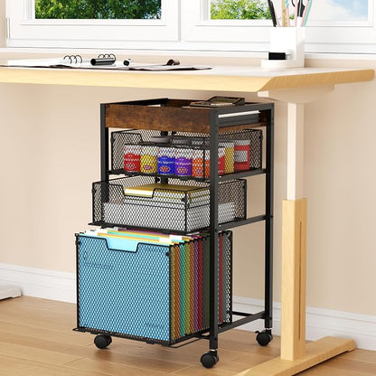 SWTYMIKI Rolling File Cart with Drawers - 4 Tier Under Desk Storage Craft Rolling Organizer Cart - Office Storage &Organization, Mobile Metal Filing Cabinet for Office and Home Espresso