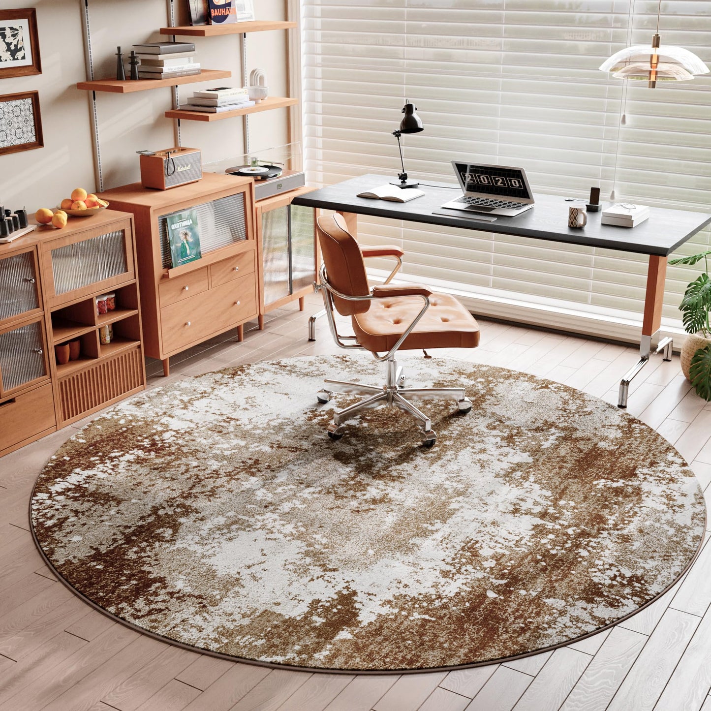 Brown Round Rugs 6ft Washable Circle Area Rug for Entryway Kitchen, Non Slip Soft Low Pile Stain Resistant, Boho Circular Carpet for Living Room Bedroom Dorm Dining Room Table, Abstract Coffee