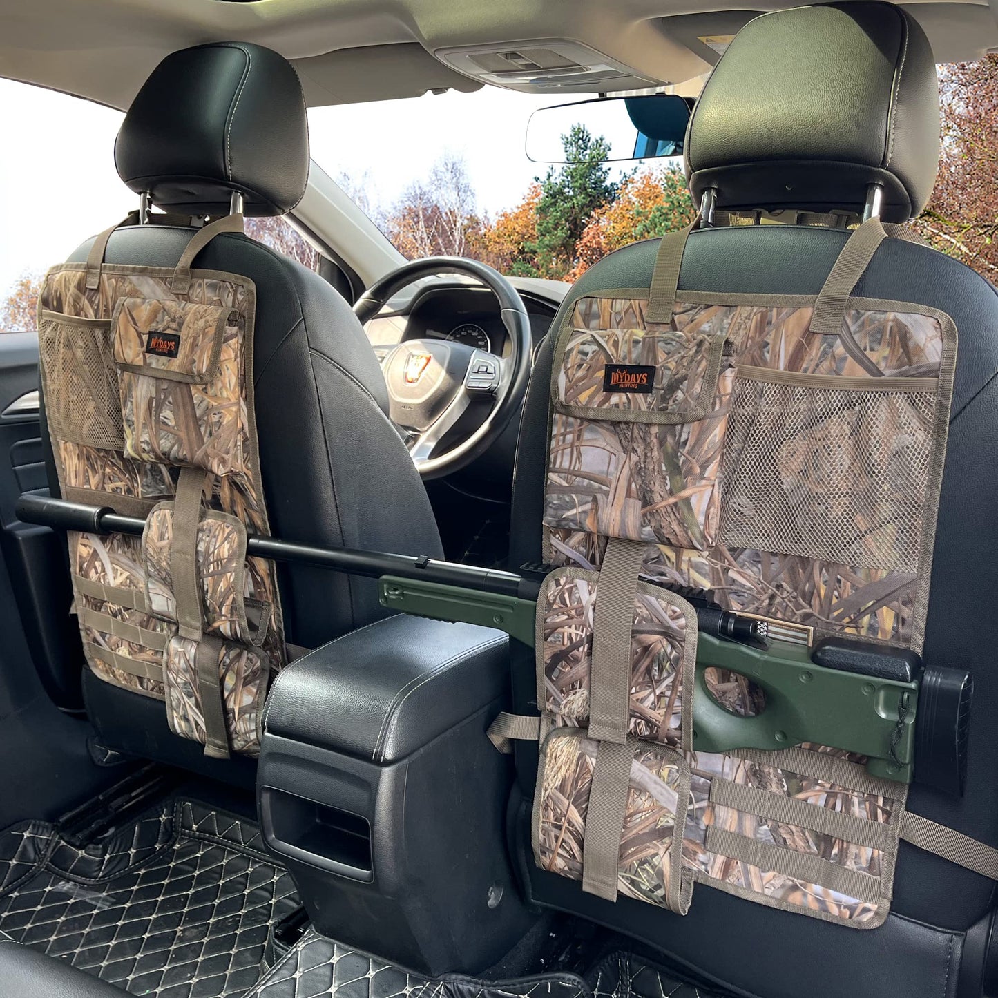 MYDAYS 2 Pack Tactical Seat Back & Front Seat Gun Organizer with Molle Panel Vehicle Gun Holders for Hunting Rifles & Shotguns (Camo)