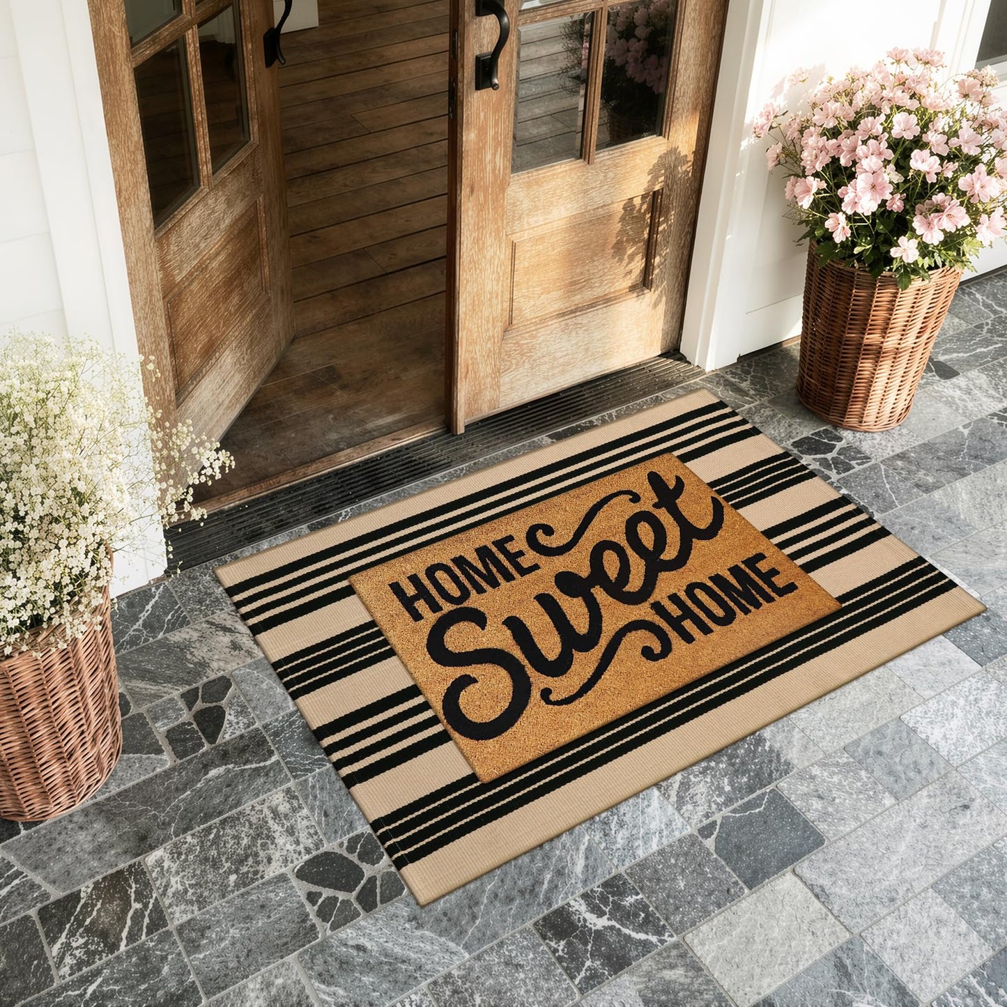 KIMODE Outdoor Rug Spring Decor 27.5"x43", Black and Khaki Striped Front Porch Rugs, Reversible Washable Front Door Mats, Hand Woven Welcome Layered Doormat Entryway Rug for Entrance Farmhouse