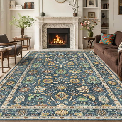 Washable Oushak Area Rug 8x10: Large Modern Turkish Oriental Floral Luxury Carpet for Bedroom Nursery Living Room Dining Home Decor Navy Blue