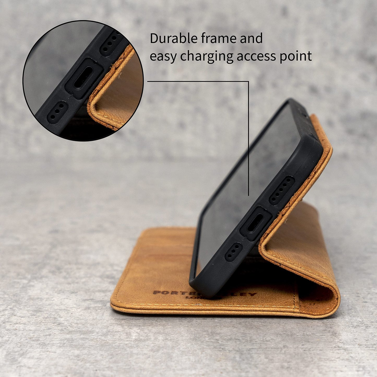 Porter Riley - Leather Case for iPhone 12 Mini (5.4"). Premium Genuine Leather Stand/Cover/Wallet/Flip Case with [Card Slots] [Horizontal Stand] [Durable Frame] (Tan)
