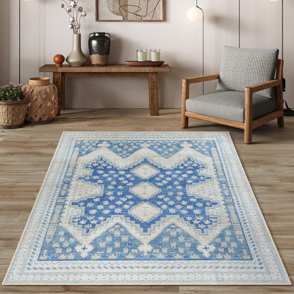 GIONARA Gray Blue Oushak Area Rug 6x9 - Modern, Machine Washable Vintage Turkish Boho Carpet Low Pile Non Slip Large Area Rugs for Living Room, Dining Bedroom, Kids Playroom, Farmhouse